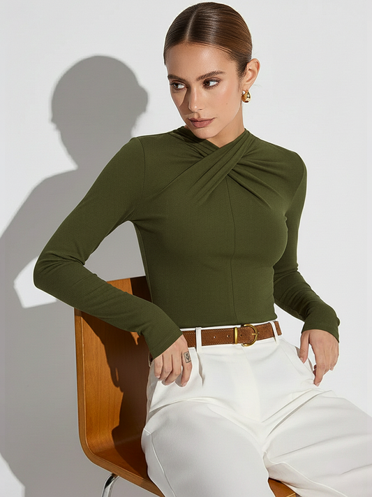 Twisted Front Detail Long Sleeve Knit Top Comfortable Lightweight Apparel