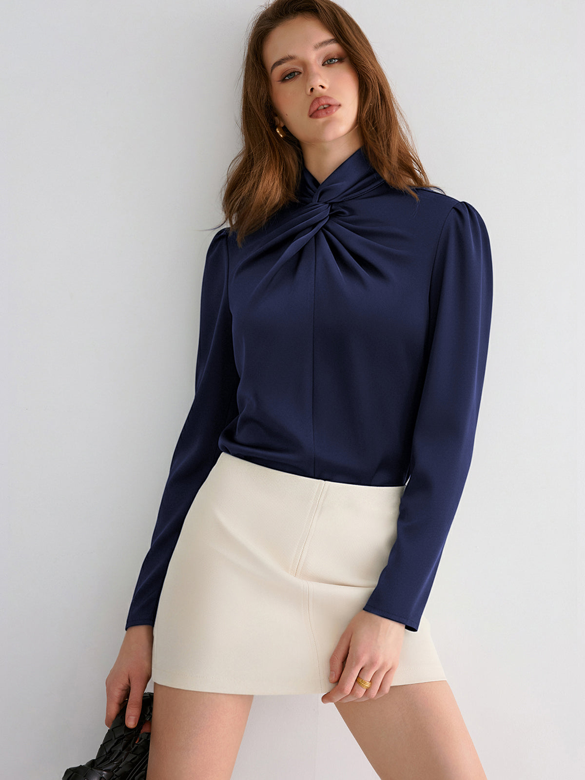 Twisted Mock Neck Long-Sleeve Satin Bodysuit, Elegant Women's Fashion Staple
