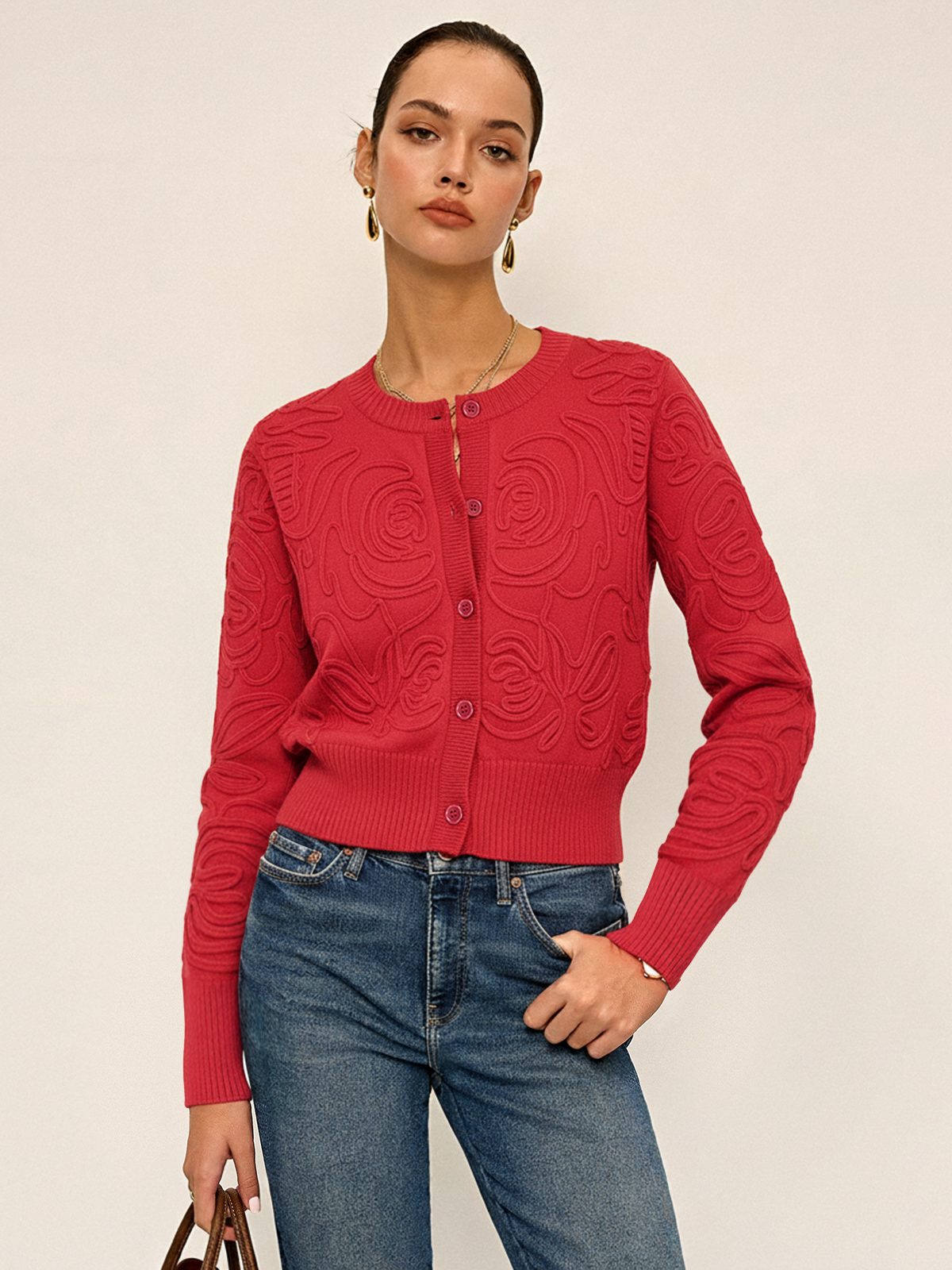 Embroidered Crew Neck Knit Top Casual Everyday Style