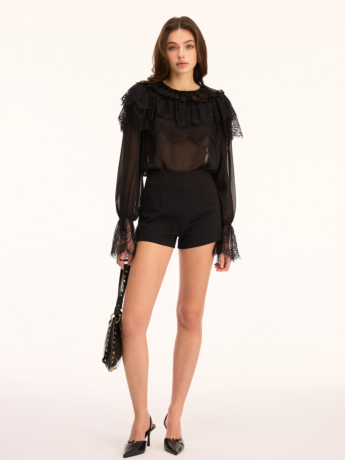 Lace Trim Sheer Long Sleeve Blouse with Elegant Button Cuffs