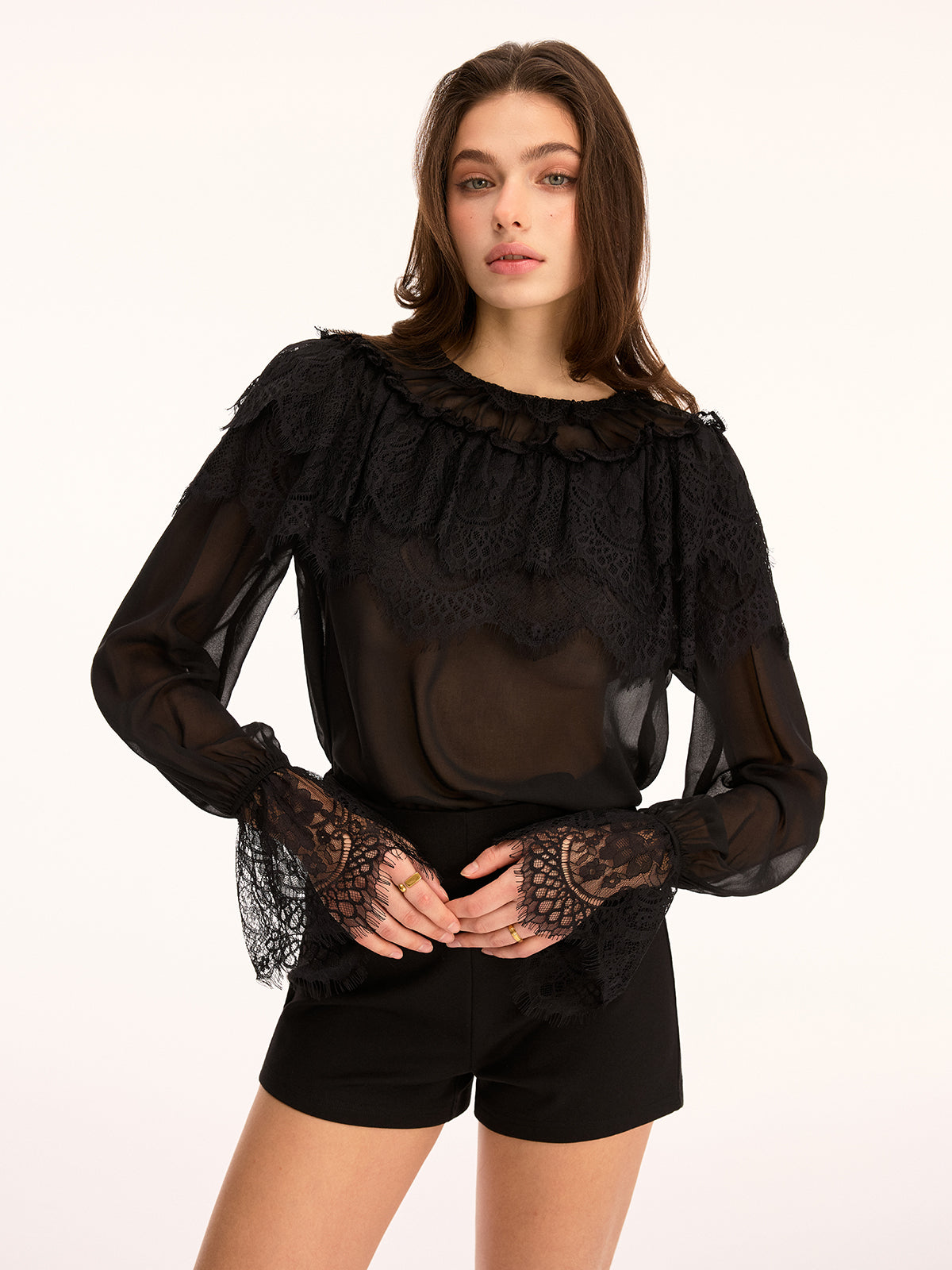 Lace Trim Sheer Long Sleeve Blouse with Elegant Button Cuffs