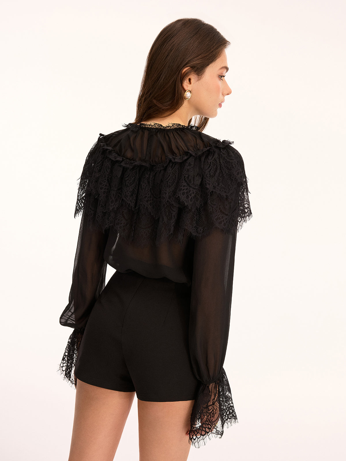 Lace Trim Sheer Long Sleeve Blouse with Elegant Button Cuffs