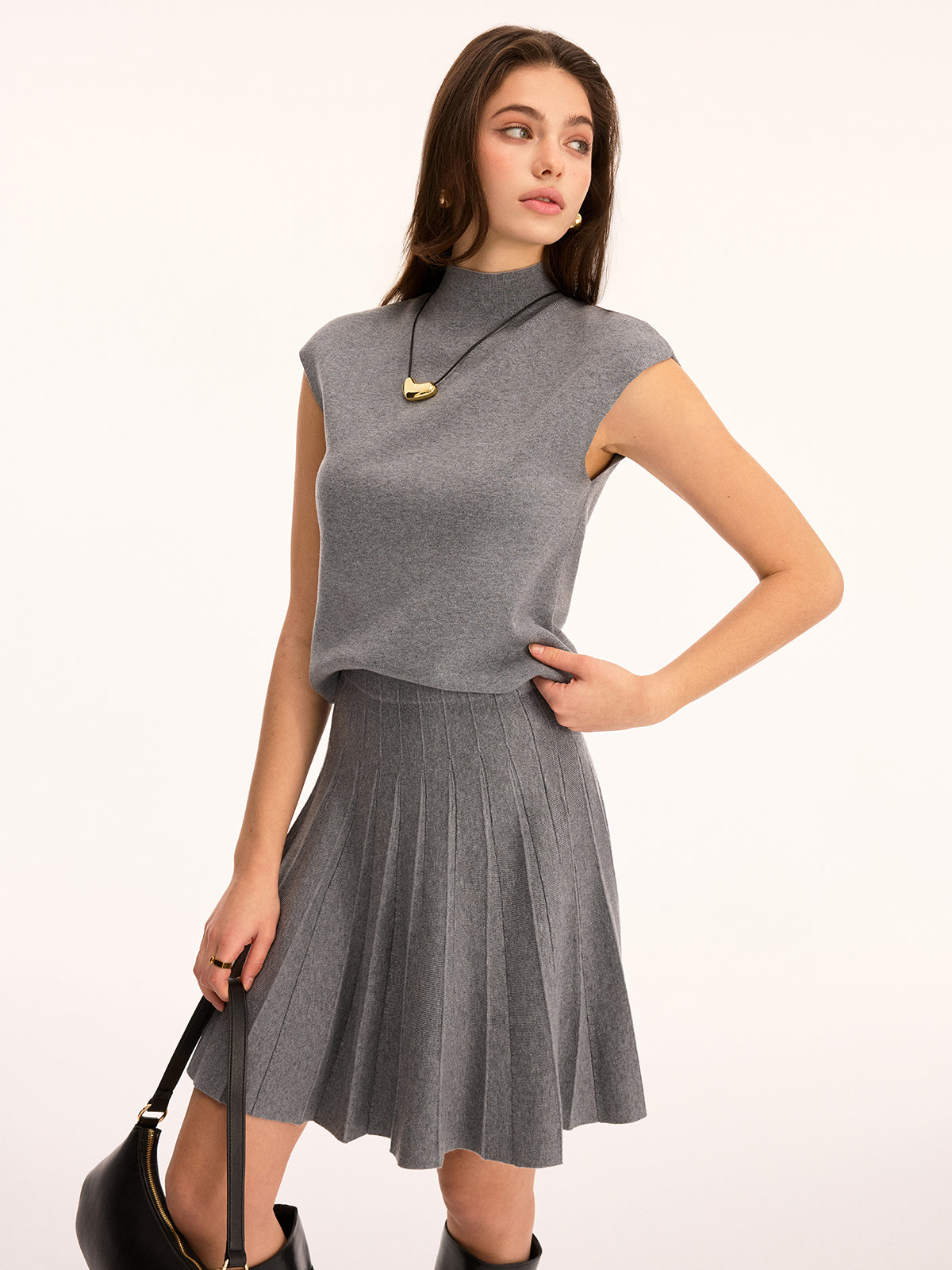 Wool-Blend Mock Neck Top & Mini Skirt Set for Winter Fashion