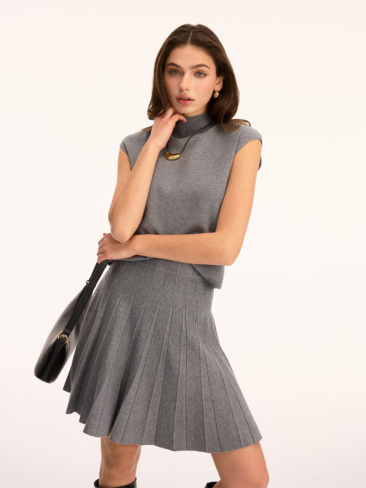 Wool-Blend Mock Neck Top & Mini Skirt Set for Winter Fashion