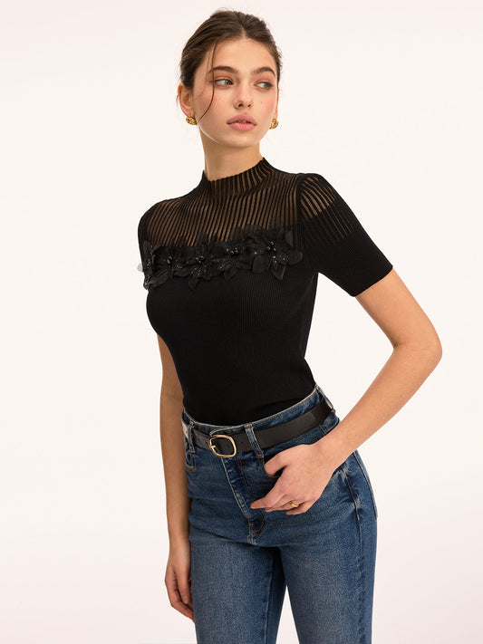 3D Floral Applique Sheer Mock Neck Knit Top for Women