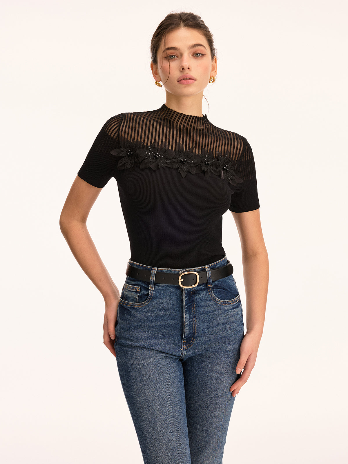 3D Floral Applique Sheer Mock Neck Knit Top for Women