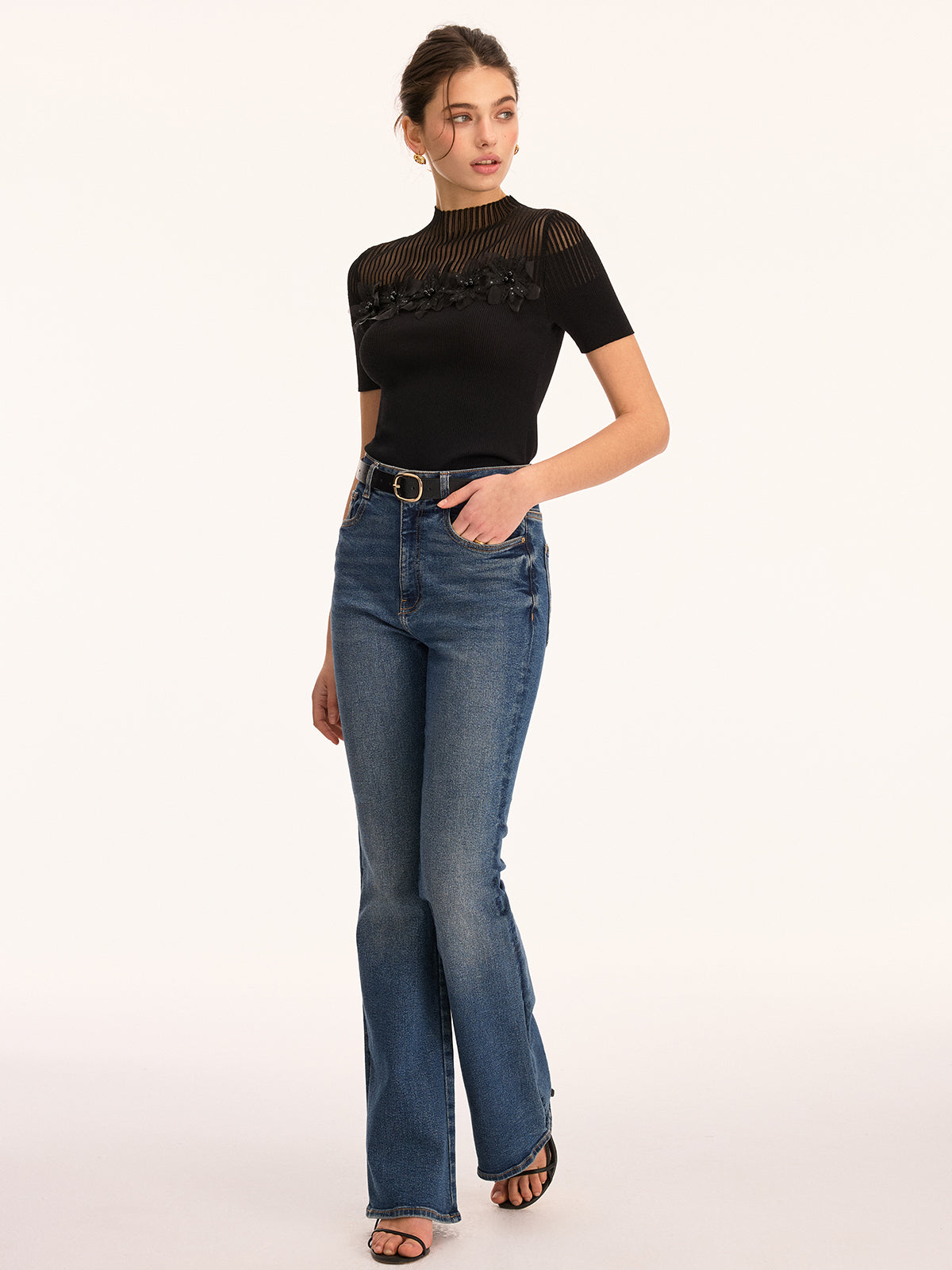 3D Floral Applique Sheer Mock Neck Knit Top for Women