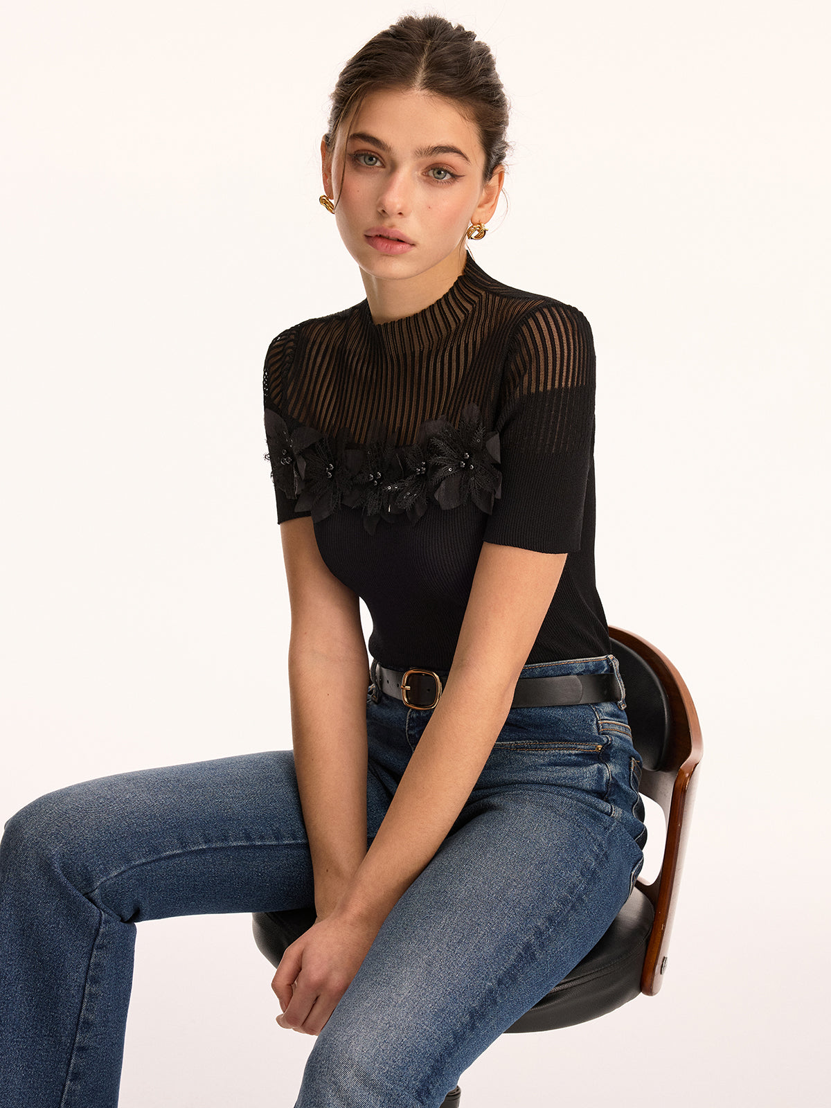 3D Floral Applique Sheer Mock Neck Knit Top for Women