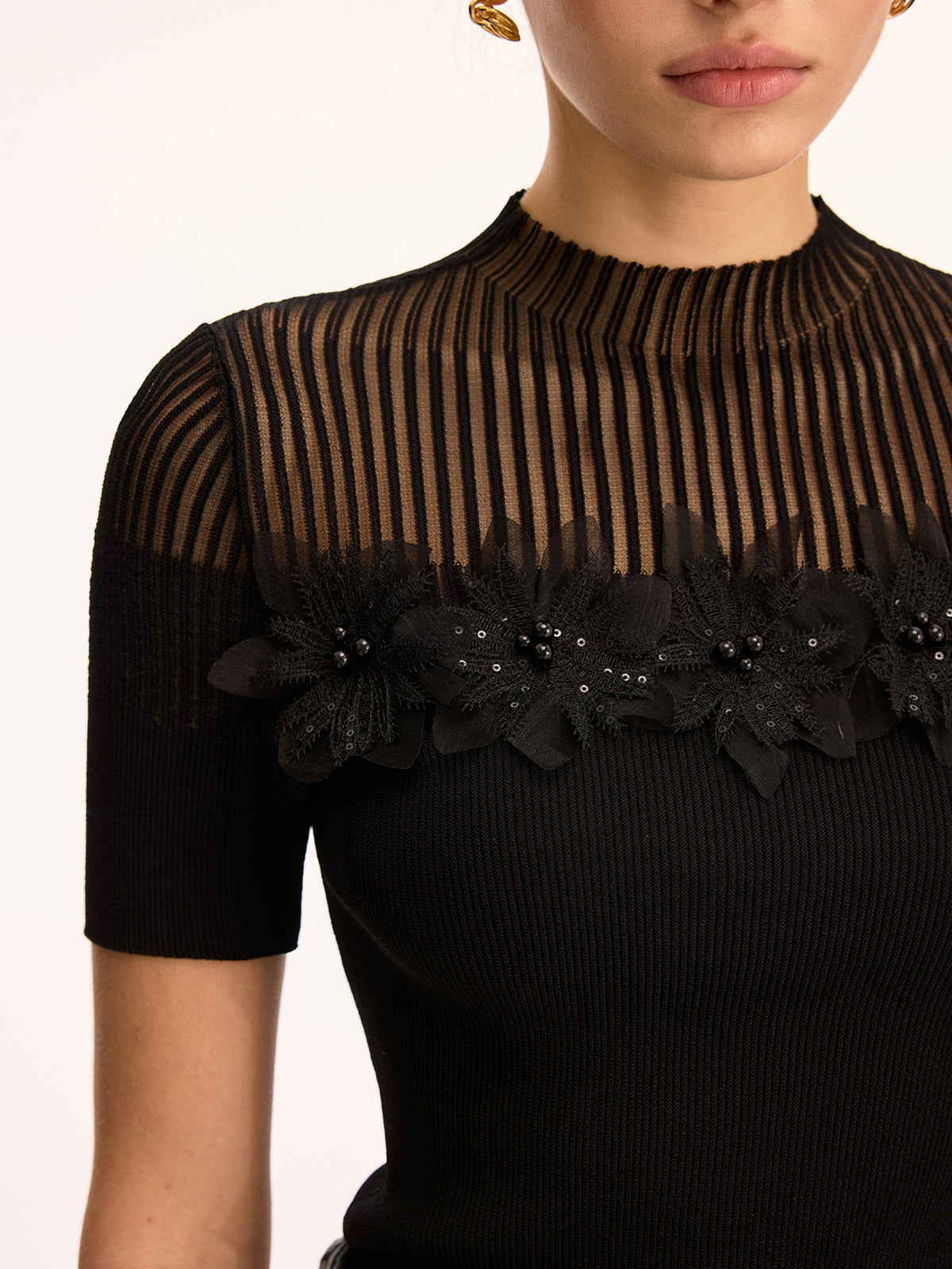 3D Floral Applique Sheer Mock Neck Knit Top for Women