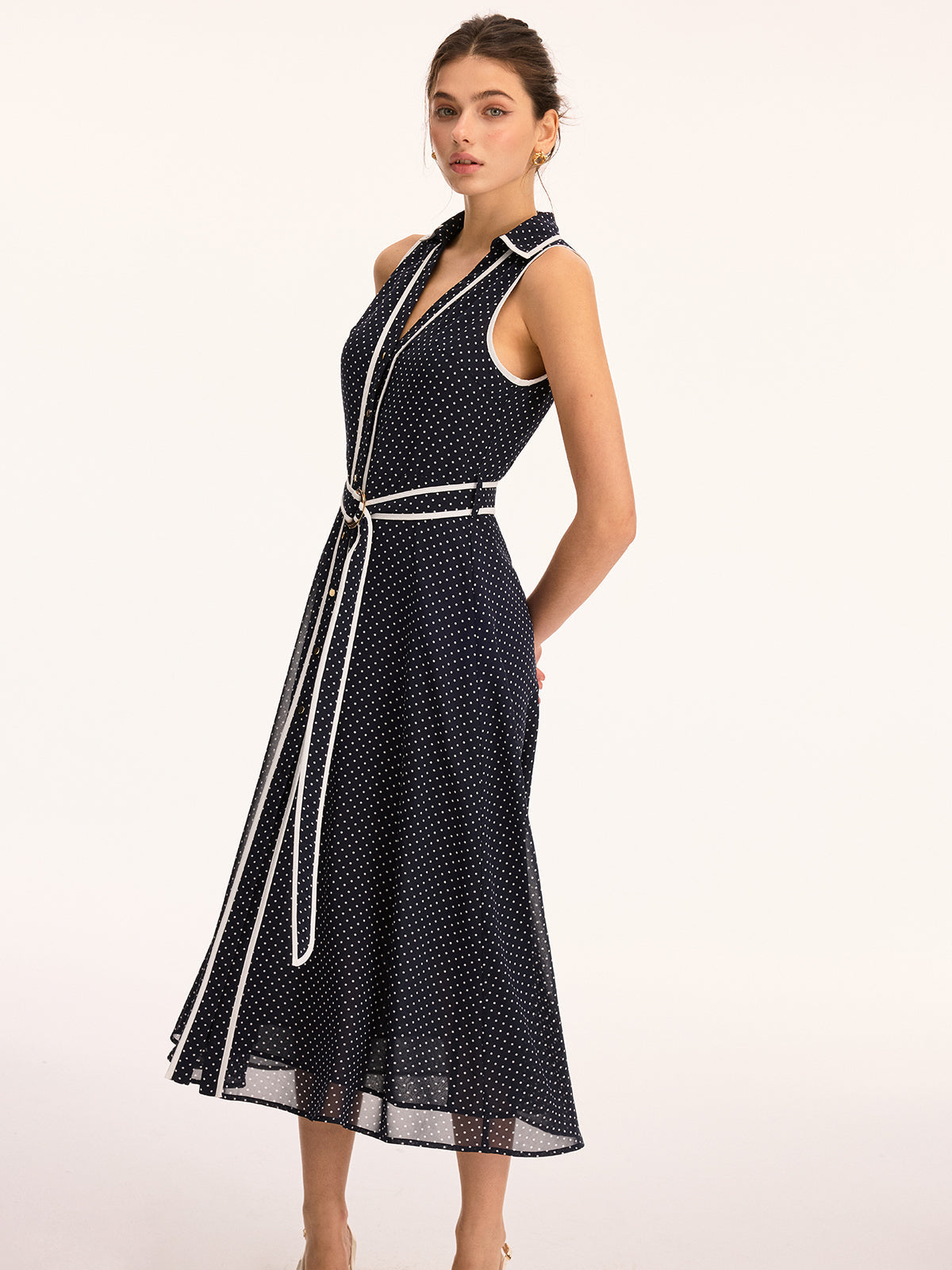 Polka Dot Belted Sleeveless Maxi Dress for Women Summer Casual