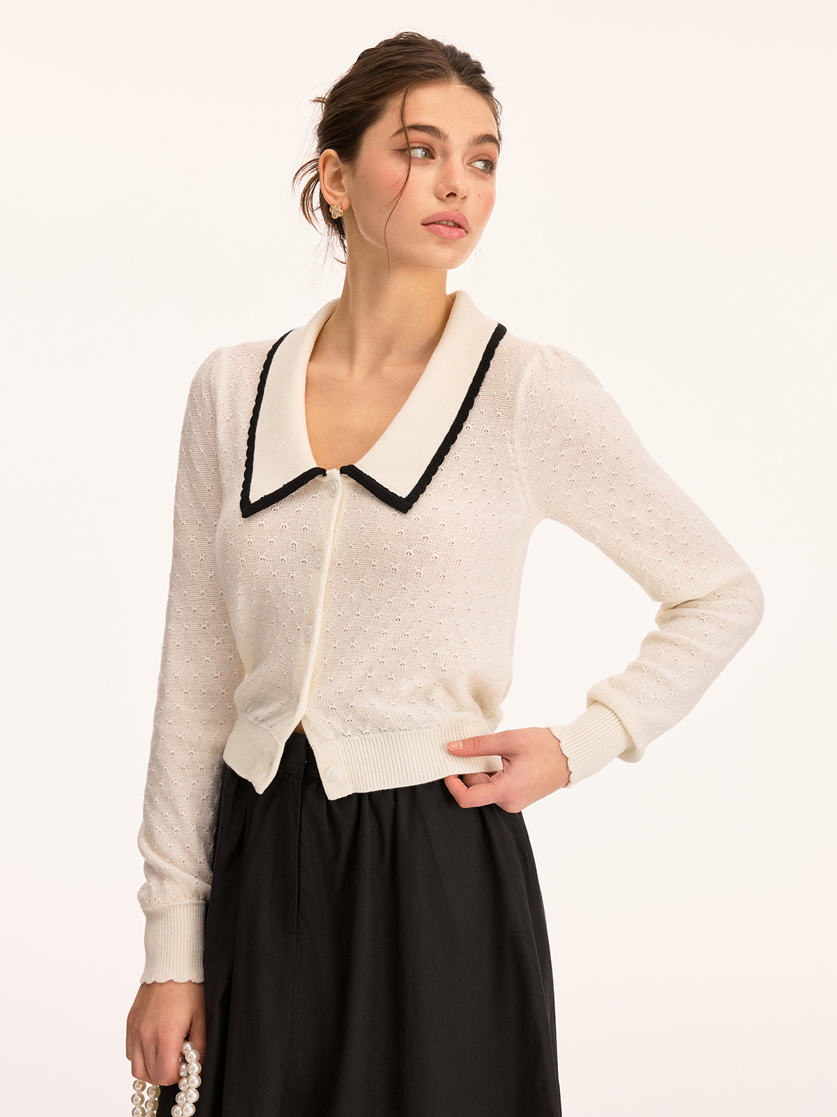 Wool Blend Collared Pointelle Knit Cardigan for Women Cozy Classic Style