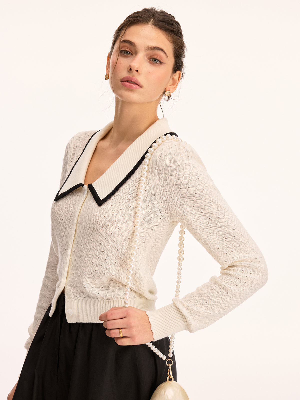 Wool Blend Collared Pointelle Knit Cardigan for Women Cozy Classic Style