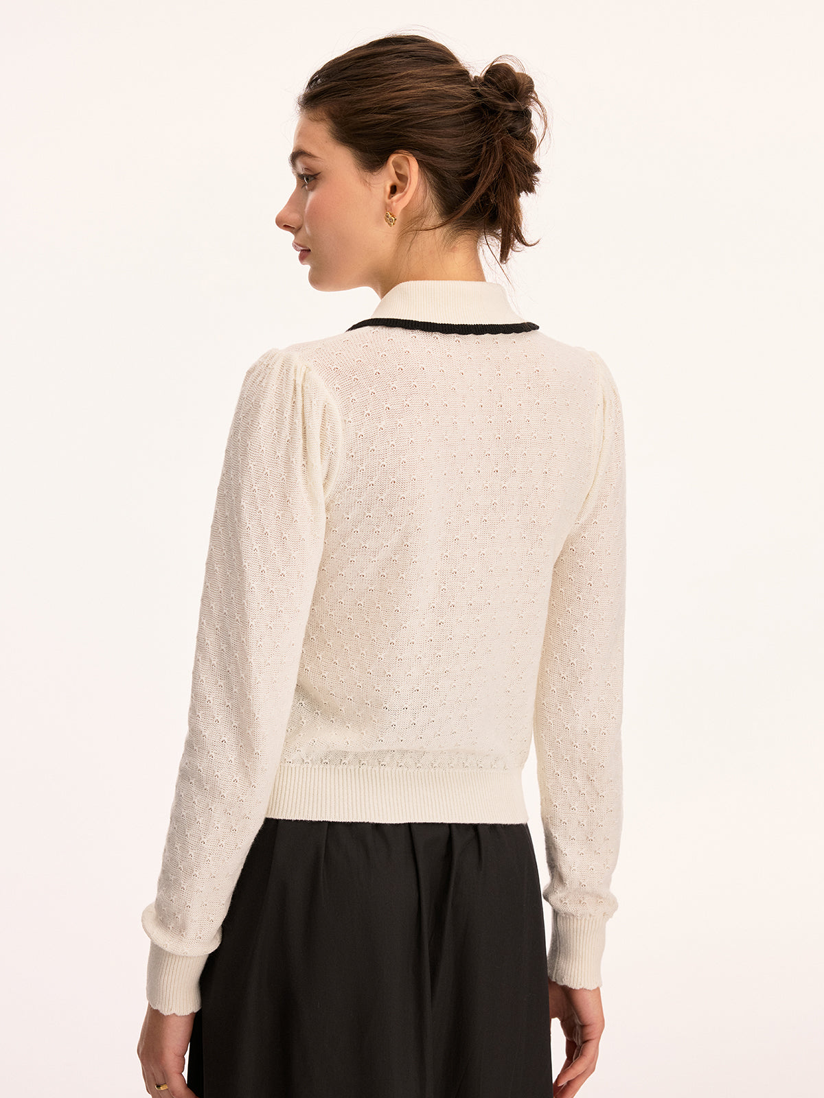 Wool Blend Collared Pointelle Knit Cardigan for Women Cozy Classic Style
