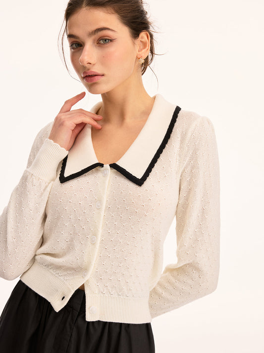 Wool Blend Collared Pointelle Knit Cardigan for Women Cozy Classic Style