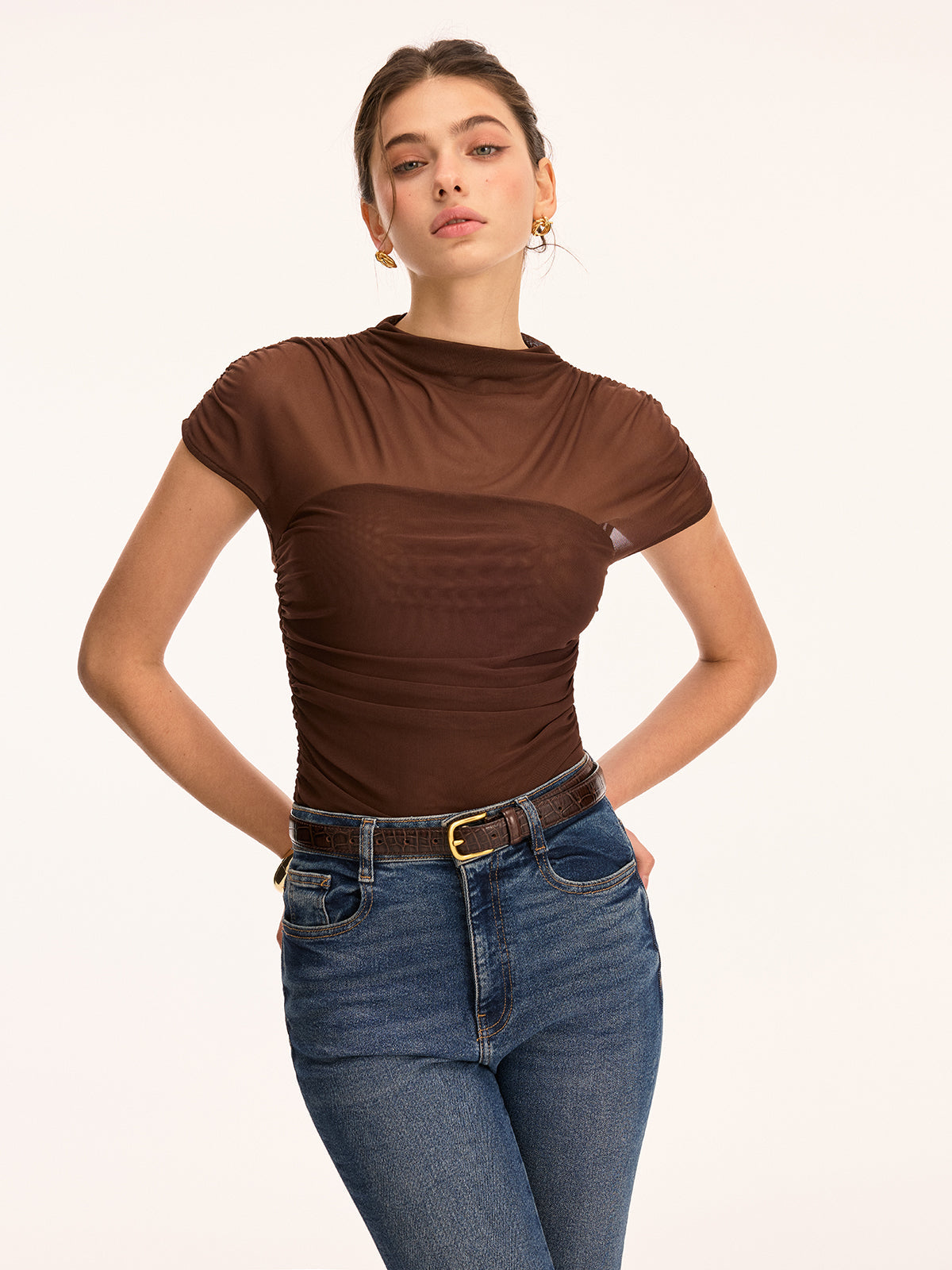 Mesh Ruched Mock Neck Top with Long Sleeves for Women