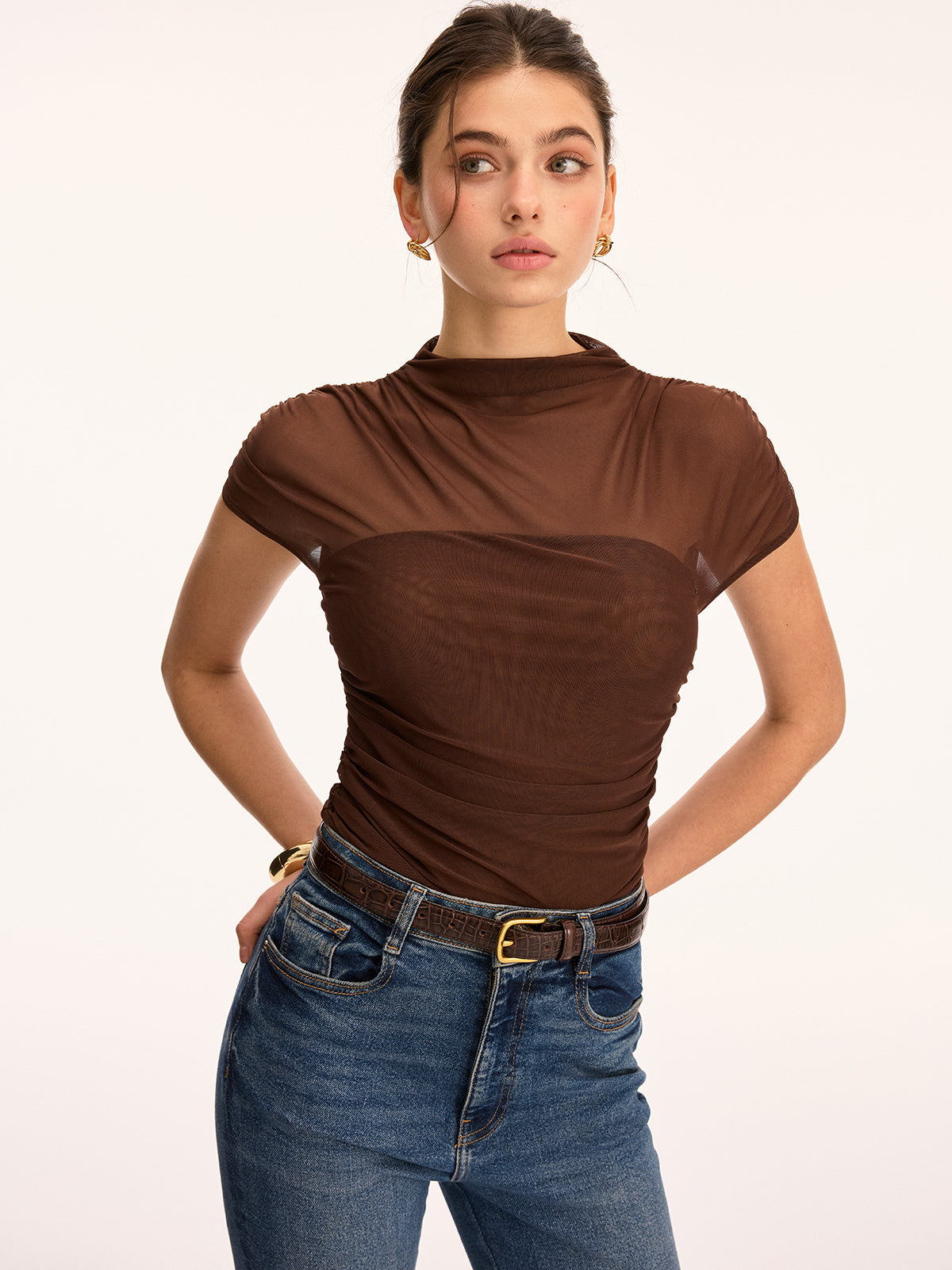 Mesh Ruched Mock Neck Top with Long Sleeves for Women