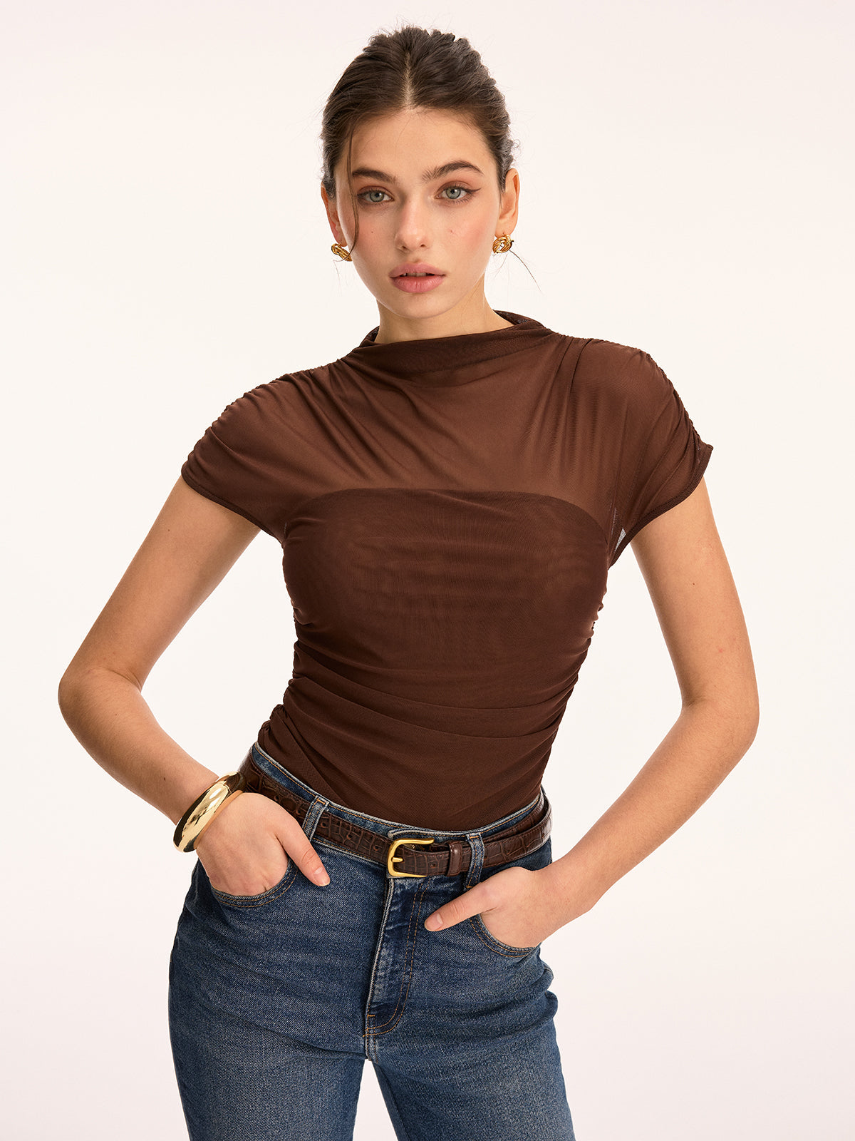 Mesh Ruched Mock Neck Top with Long Sleeves for Women