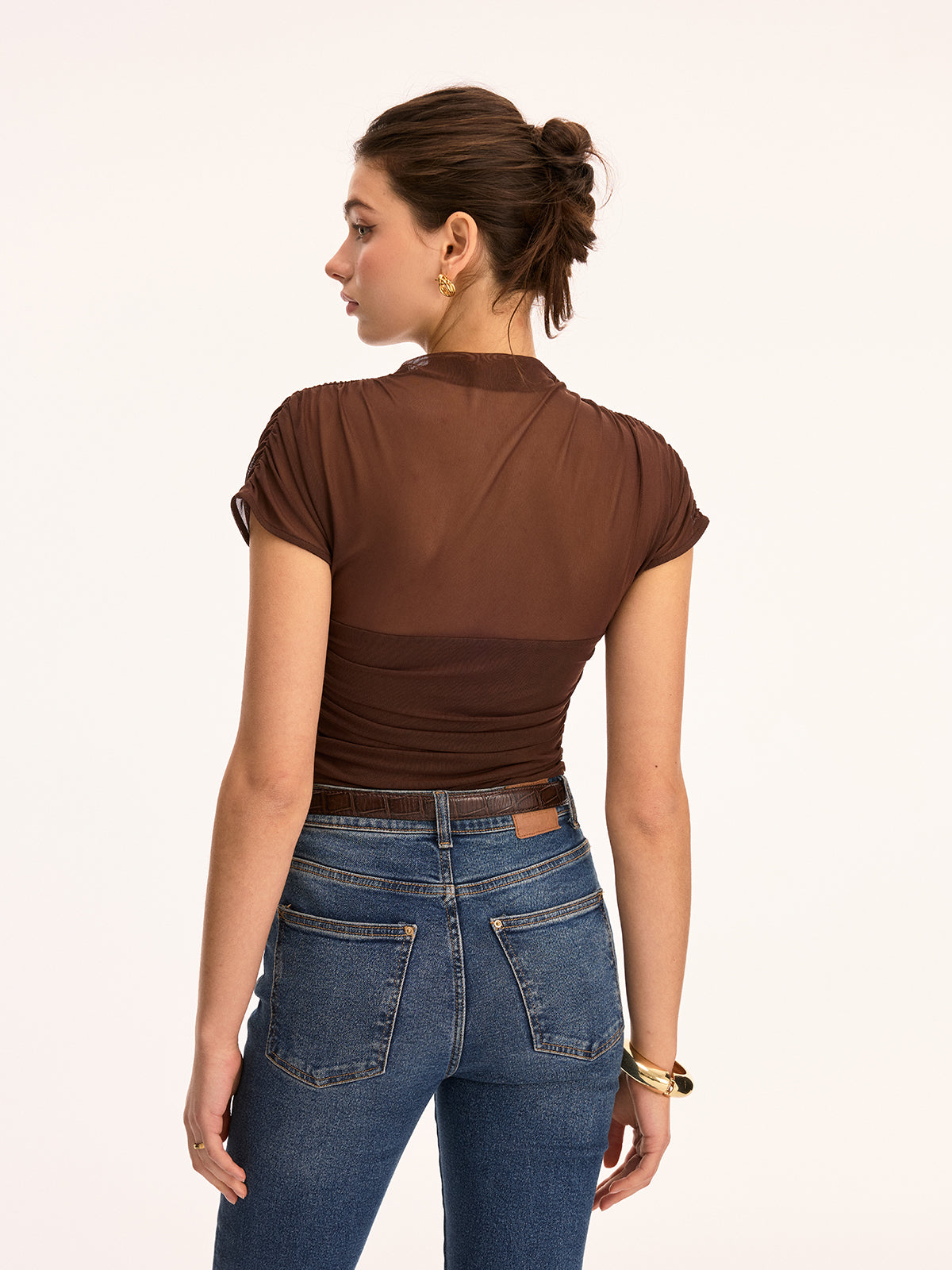 Mesh Ruched Mock Neck Top with Long Sleeves for Women