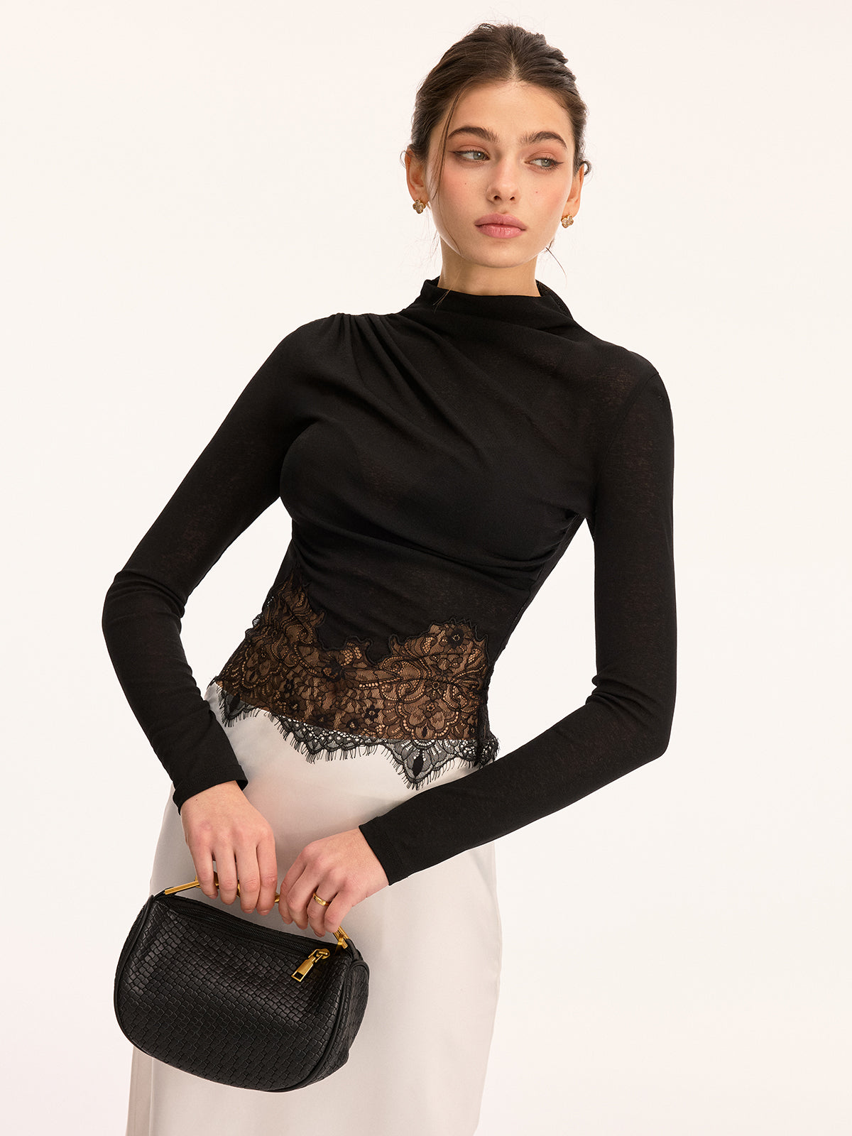 Lace Panel High Neck Long Sleeve Knit Top Comfortable Elegant Design