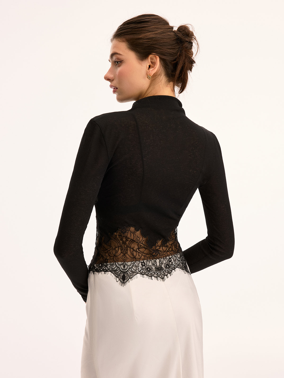 Lace Panel High Neck Long Sleeve Knit Top Comfortable Elegant Design