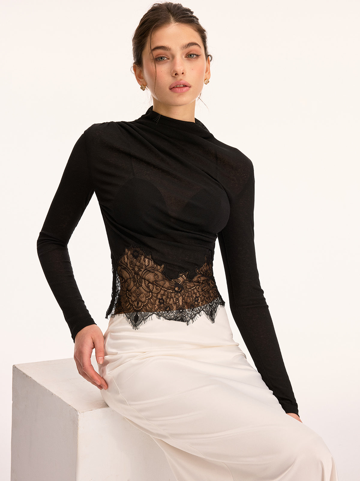 Lace Panel High Neck Long Sleeve Knit Top Comfortable Elegant Design