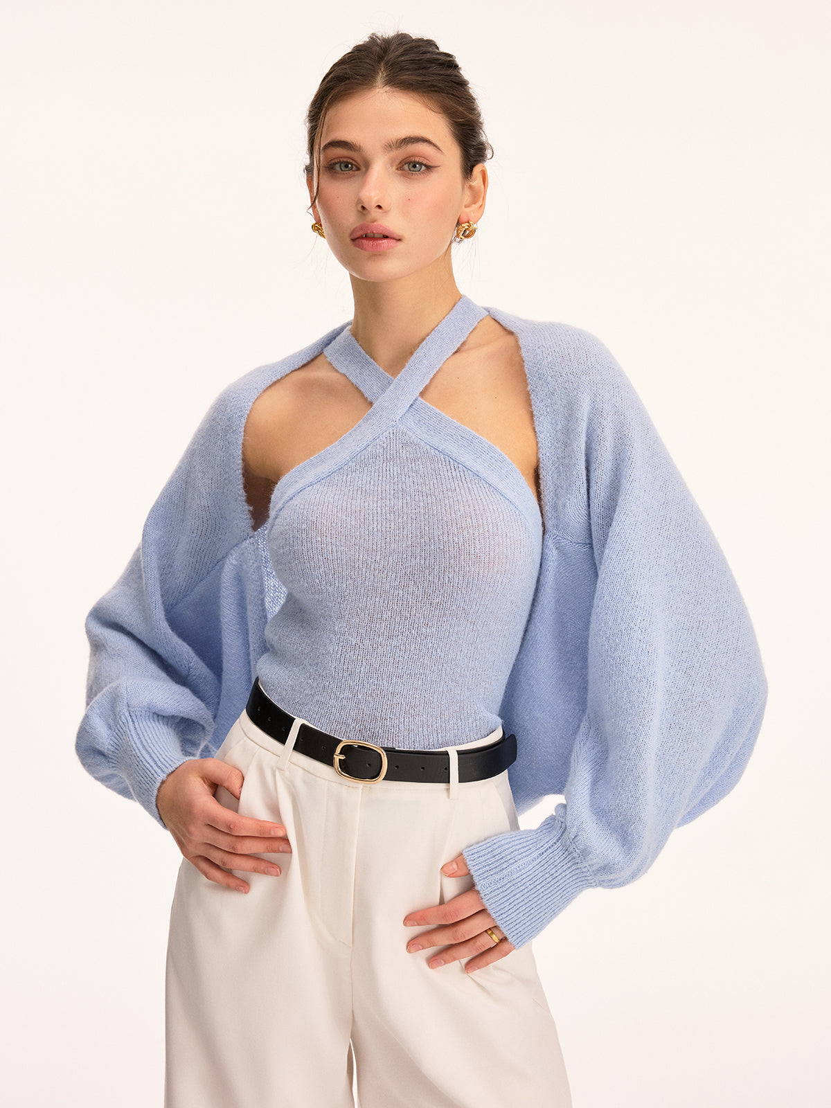 Halter Knit Top & Bolero Shrug Two-Piece Set, Stylish Women's Casual Outfit