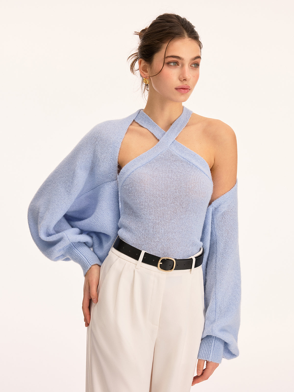 Halter Knit Top & Bolero Shrug Two-Piece Set, Stylish Women's Casual Outfit