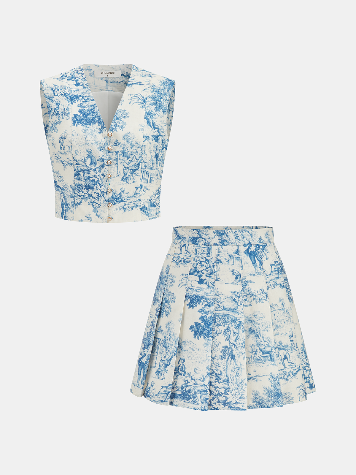 Toile Print Vest & Pleated Skirt Set for Women Spring Collection