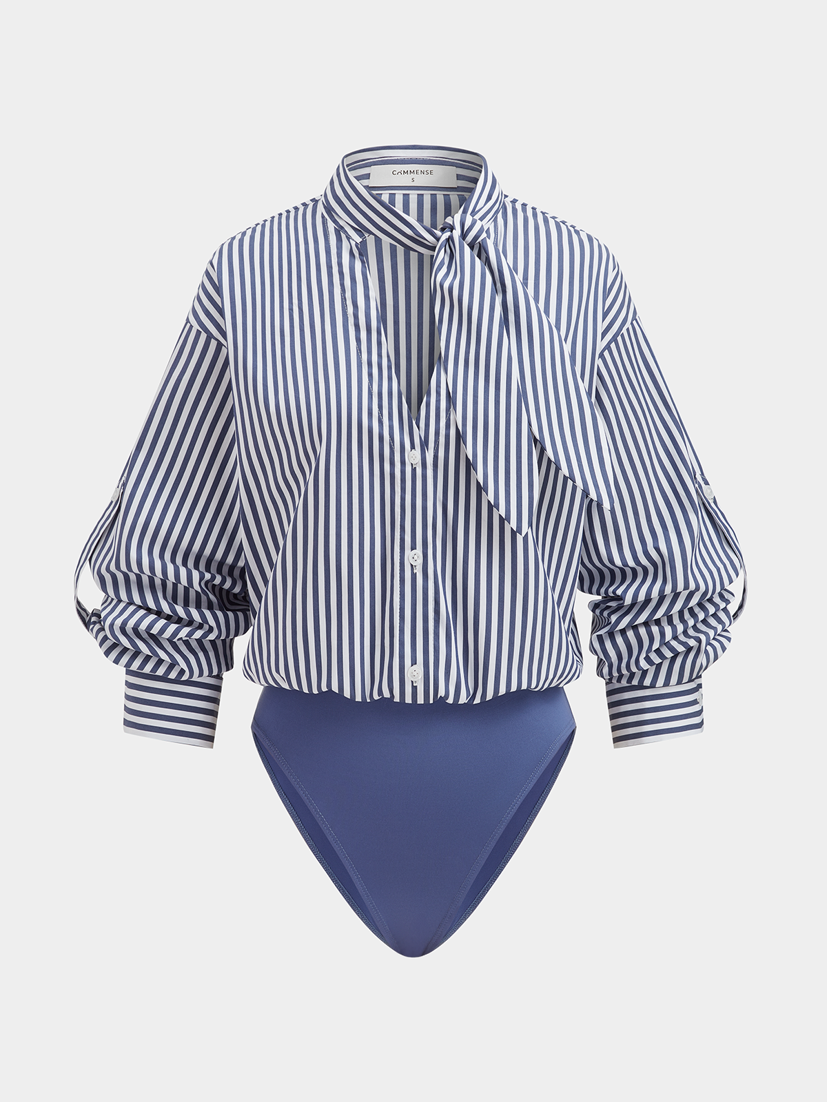 Cotton Blend Striped Tie-Neck Bodysuit for Women Casual Wear