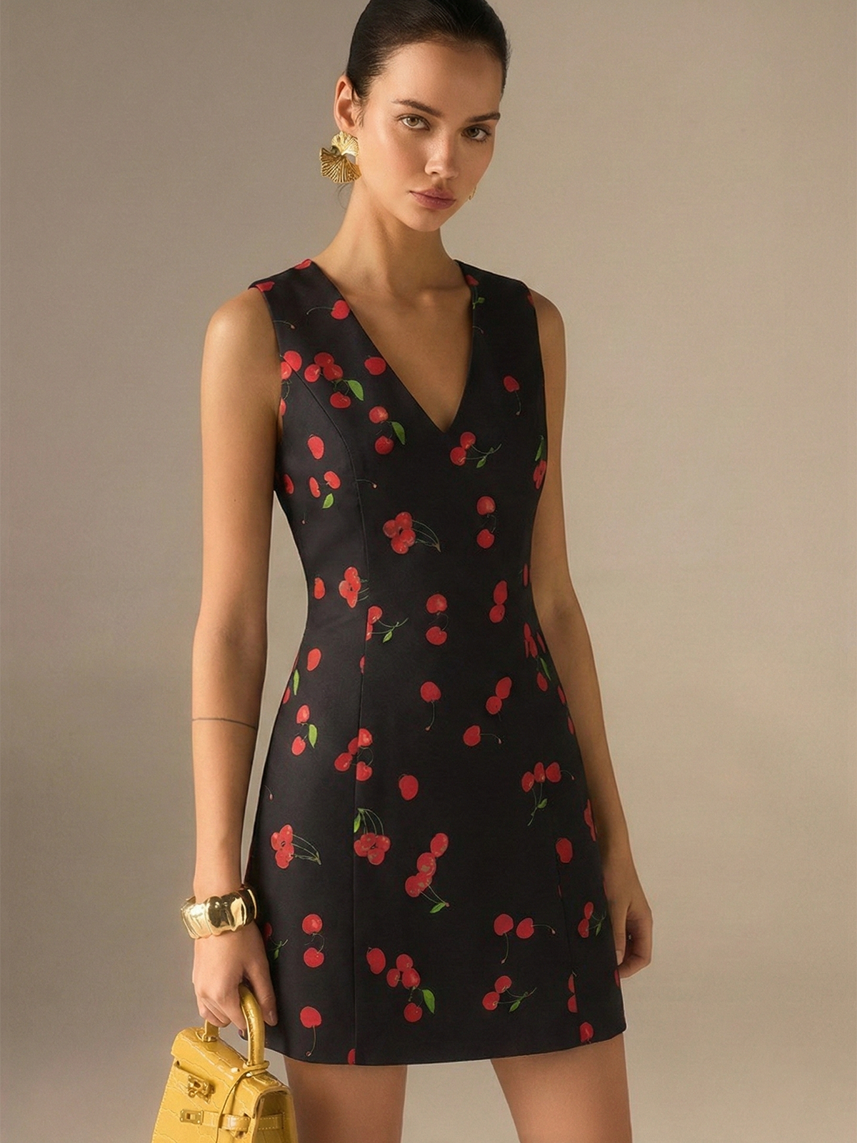 "Cherry Print Sleeveless V-Neck Mini Dress Women's Summer Fashion"