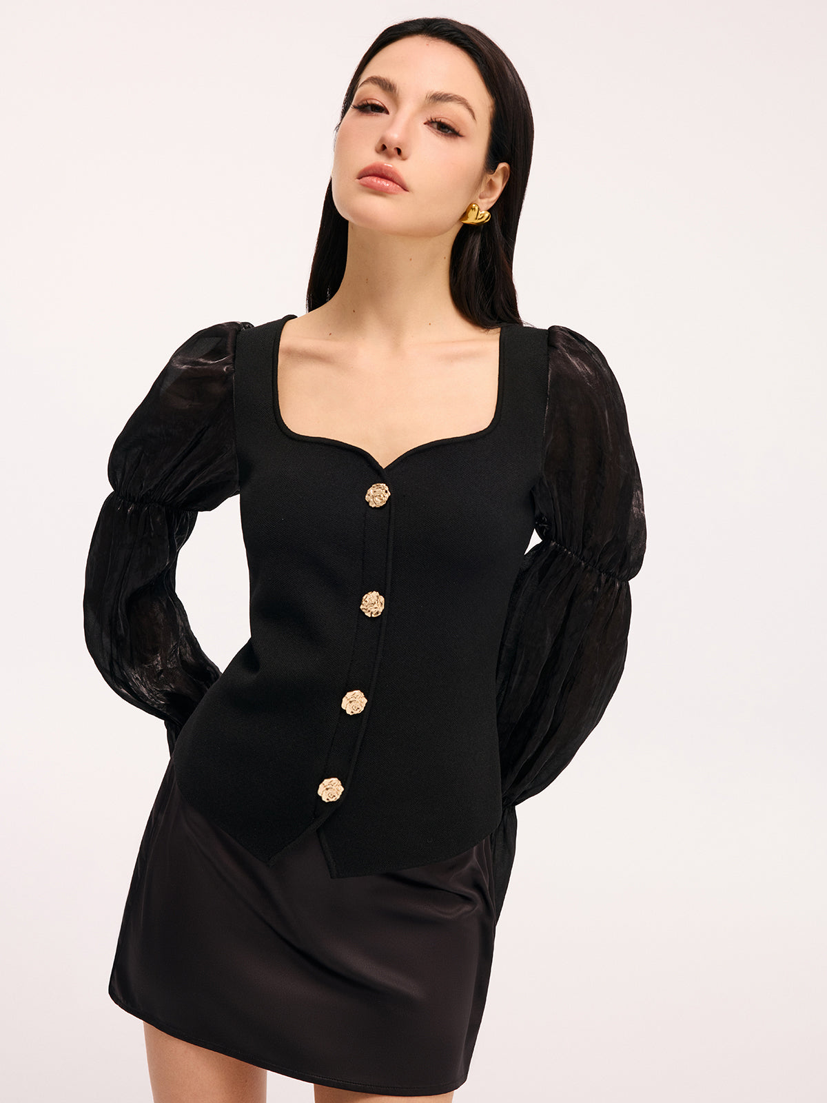 Metal Button Puff Sleeve Knit Square Neck Top, Women's Casual Fashion Sweater
