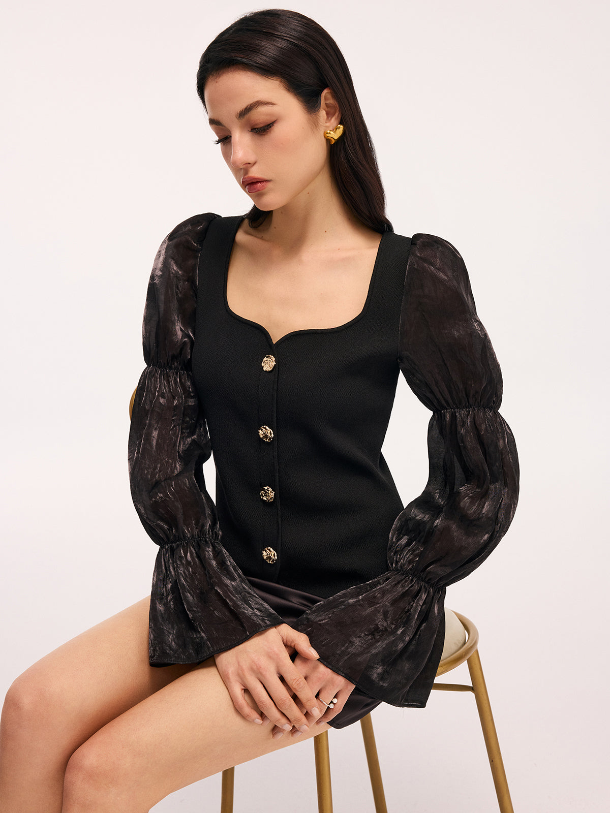 Metal Button Puff Sleeve Knit Square Neck Top, Women's Casual Fashion Sweater