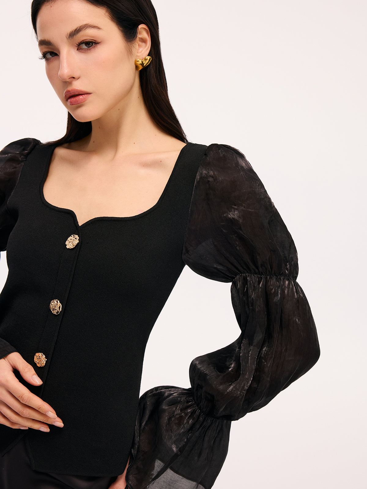 Metal Button Puff Sleeve Knit Square Neck Top, Women's Casual Fashion Sweater