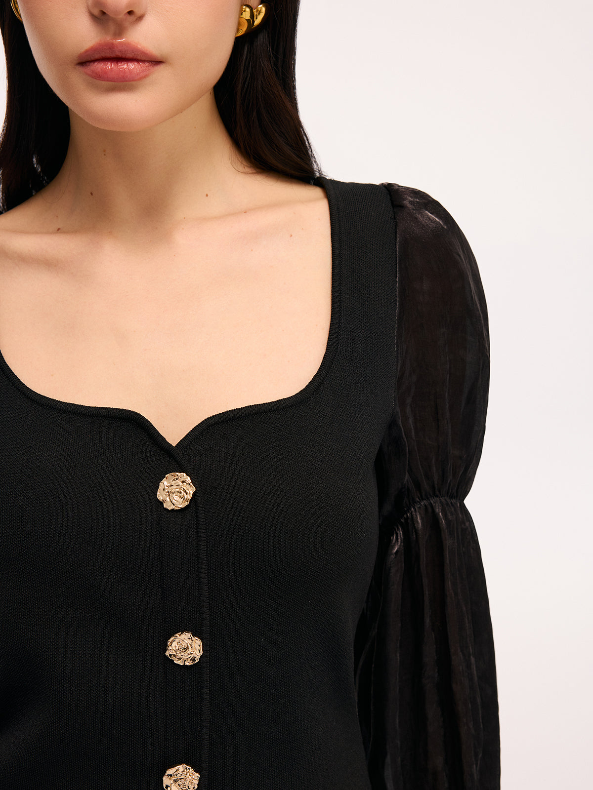 Metal Button Puff Sleeve Knit Square Neck Top, Women's Casual Fashion Sweater