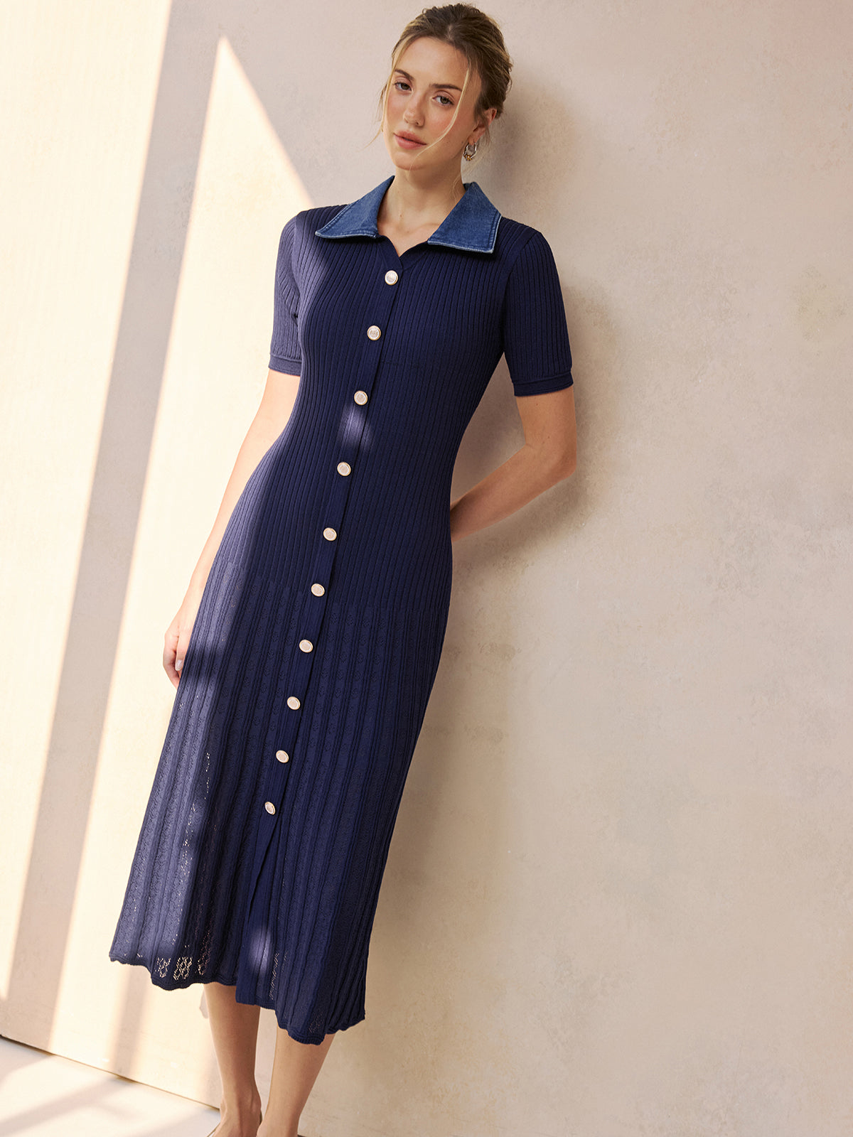 Denim Collar Ribbed Knit Midi Dress with Belted Waist