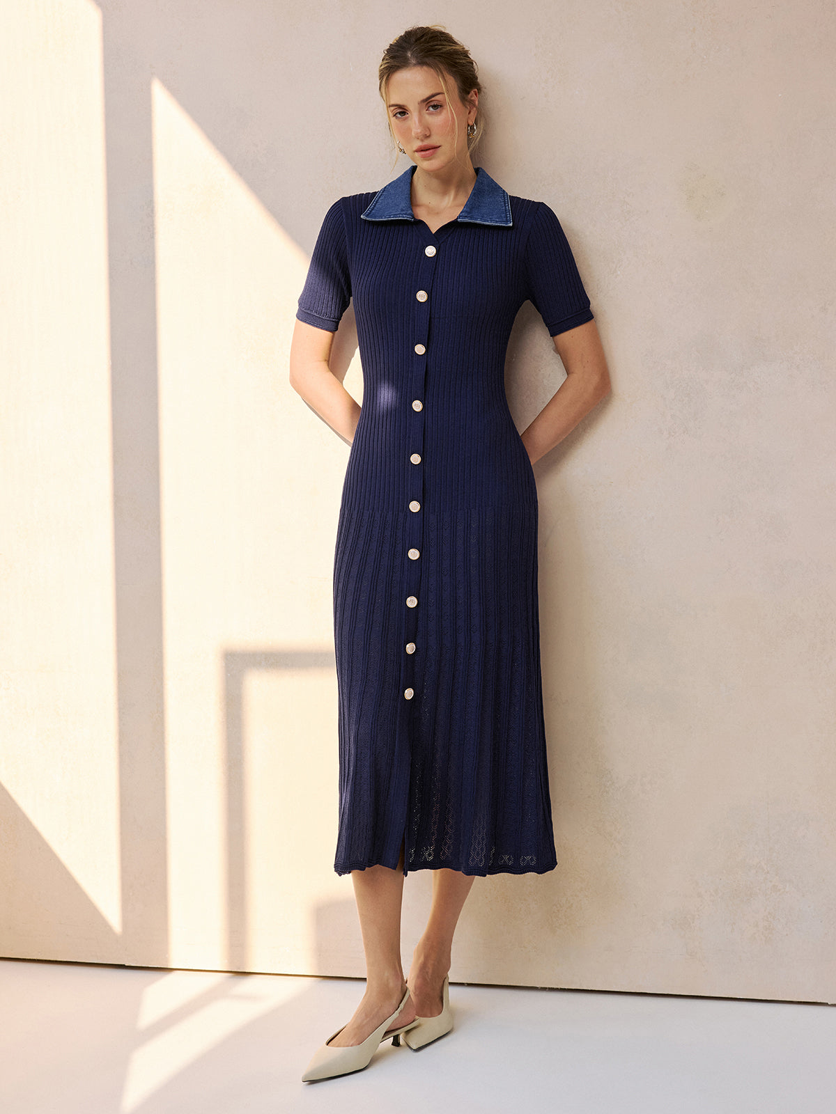 Denim Collar Ribbed Knit Midi Dress with Belted Waist