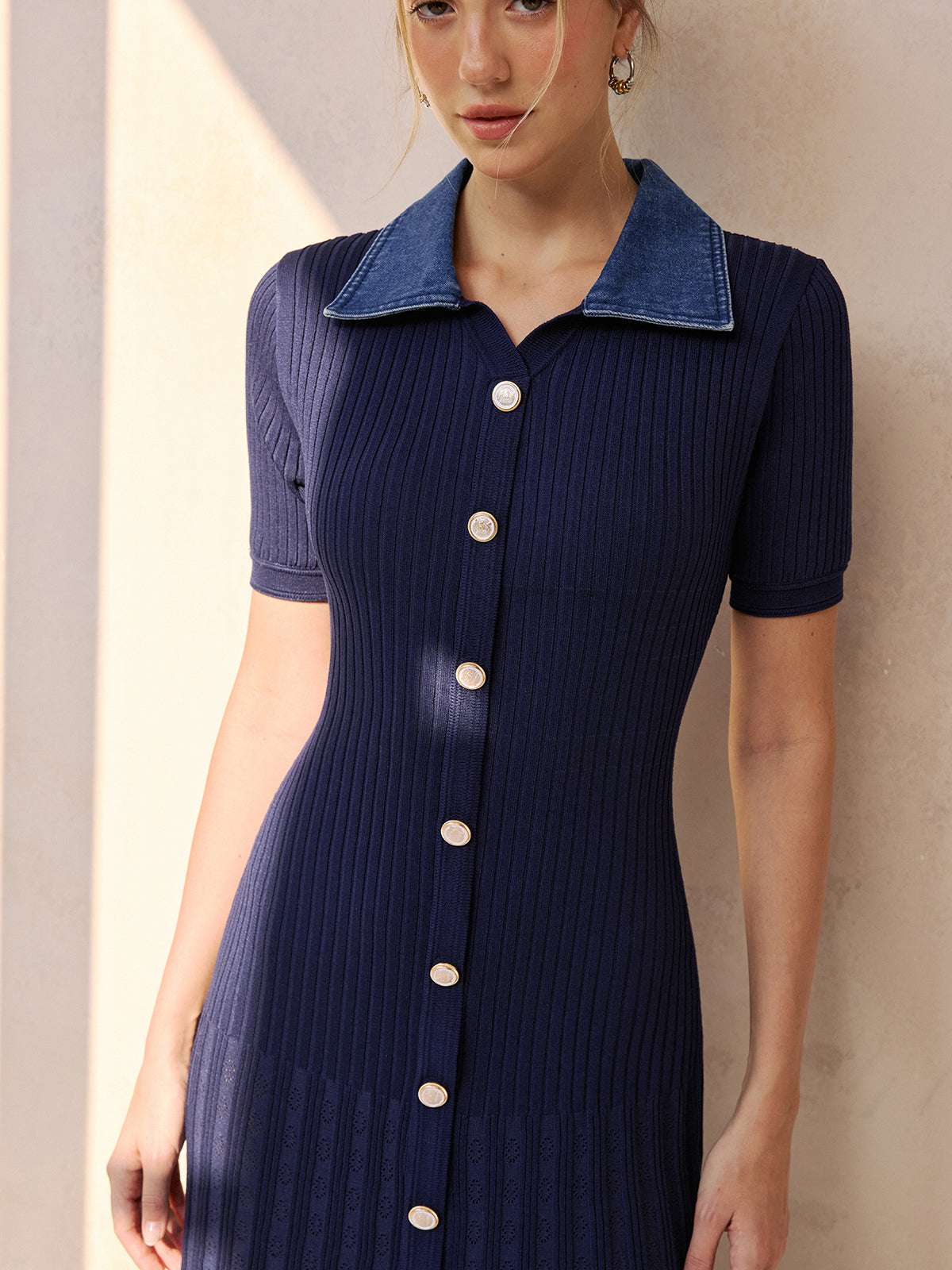 Denim Collar Ribbed Knit Midi Dress with Belted Waist
