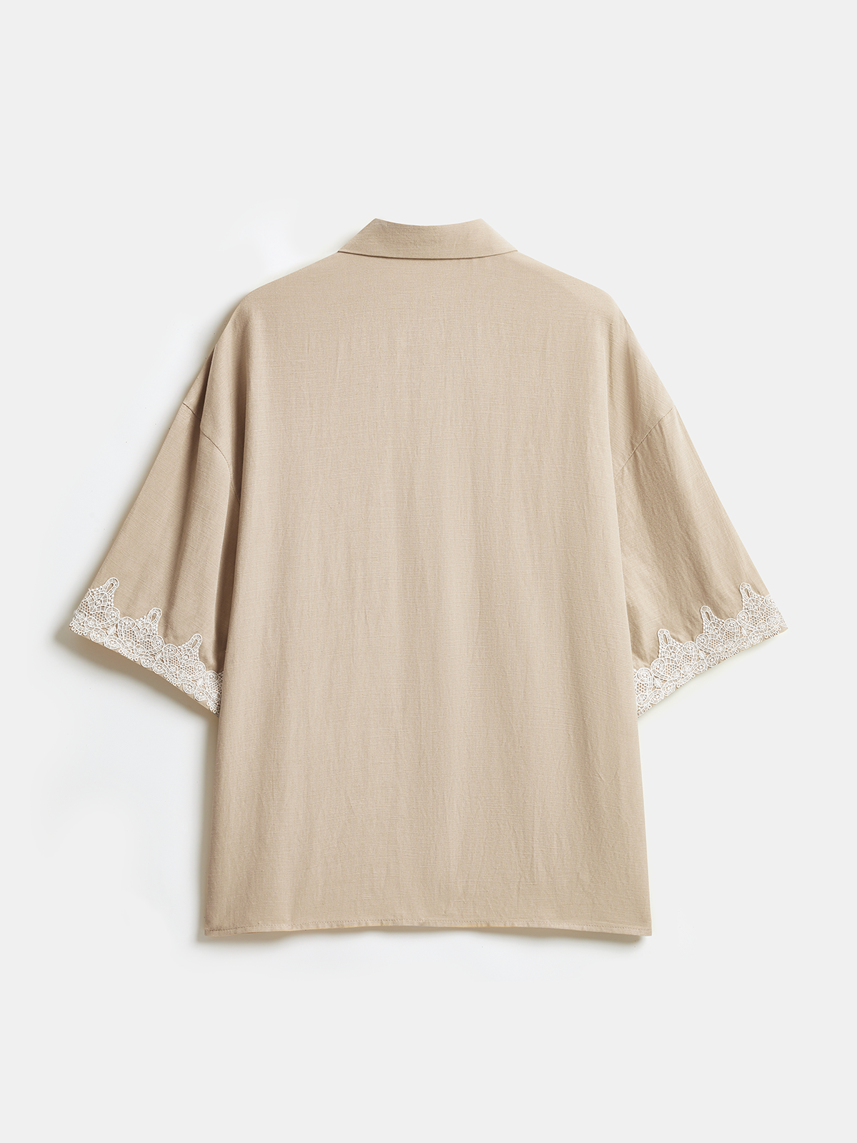 Linen Blend Lace Trim Shirt & Shorts Set with Drawstring Waist