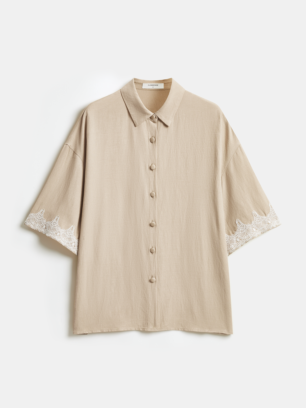 Linen Blend Lace Trim Shirt & Shorts Set with Drawstring Waist