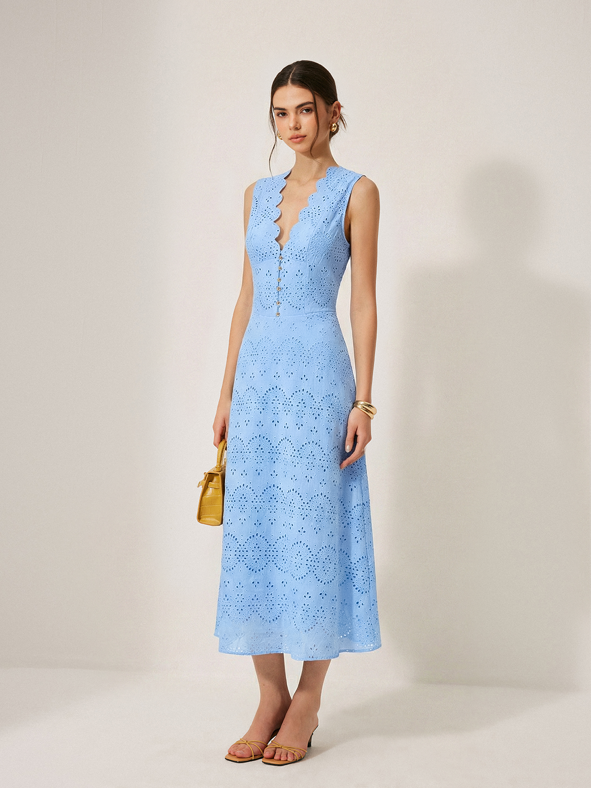 Cotton Sleeveless Embroidered Eyelet Dress with Deep V Neck for Summer Weddings