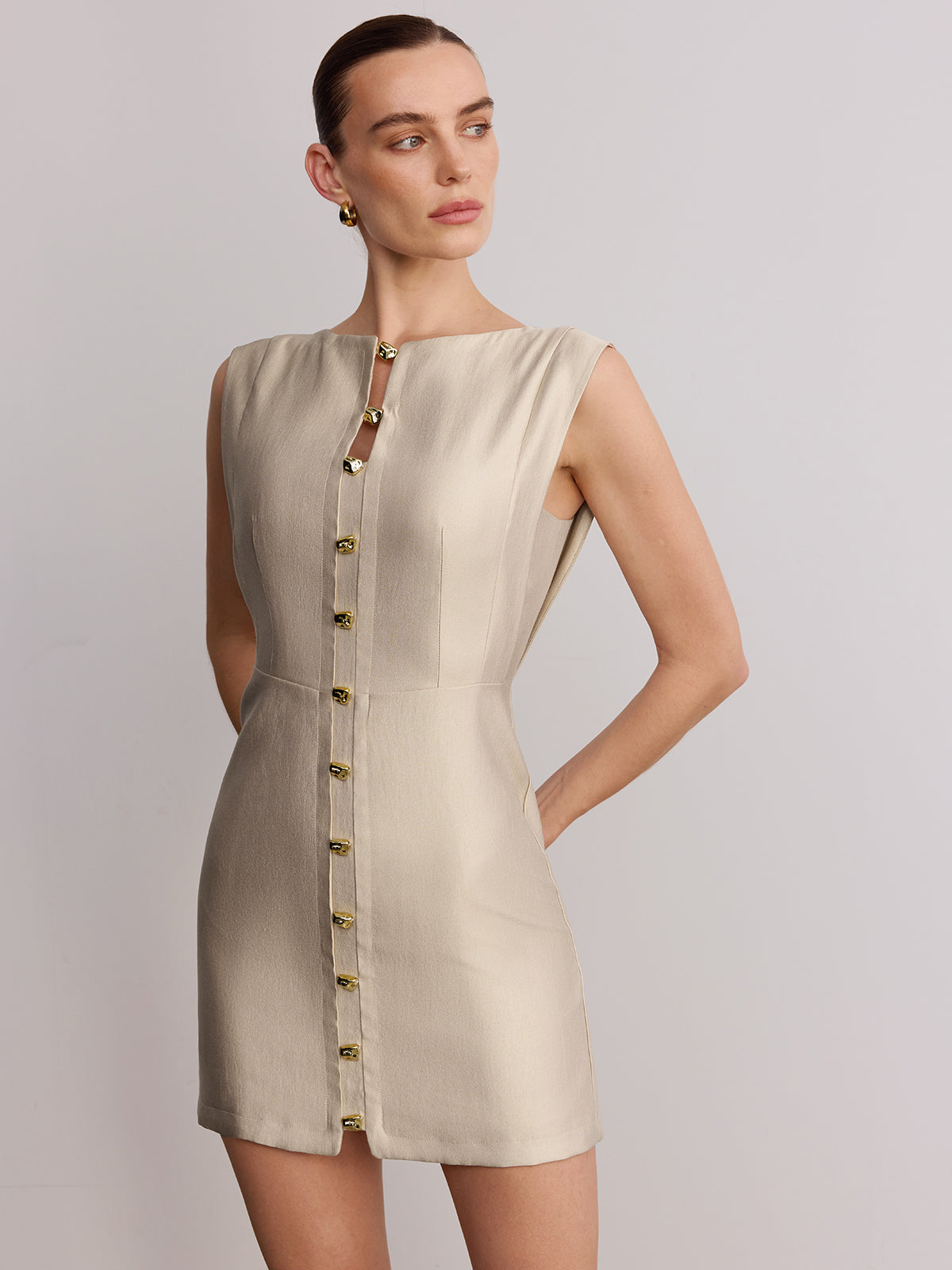 Metal Detail Sleeveless Mini Dress with Back Zipper Closure