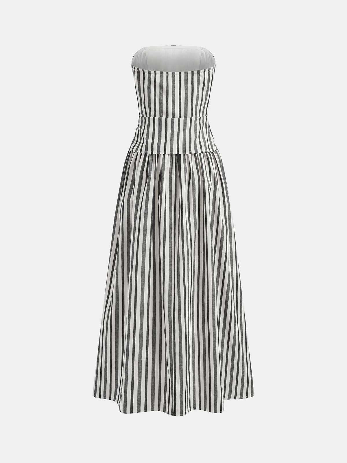 Striped Strapless Cotton Linen Ruched Dress with Side Pockets