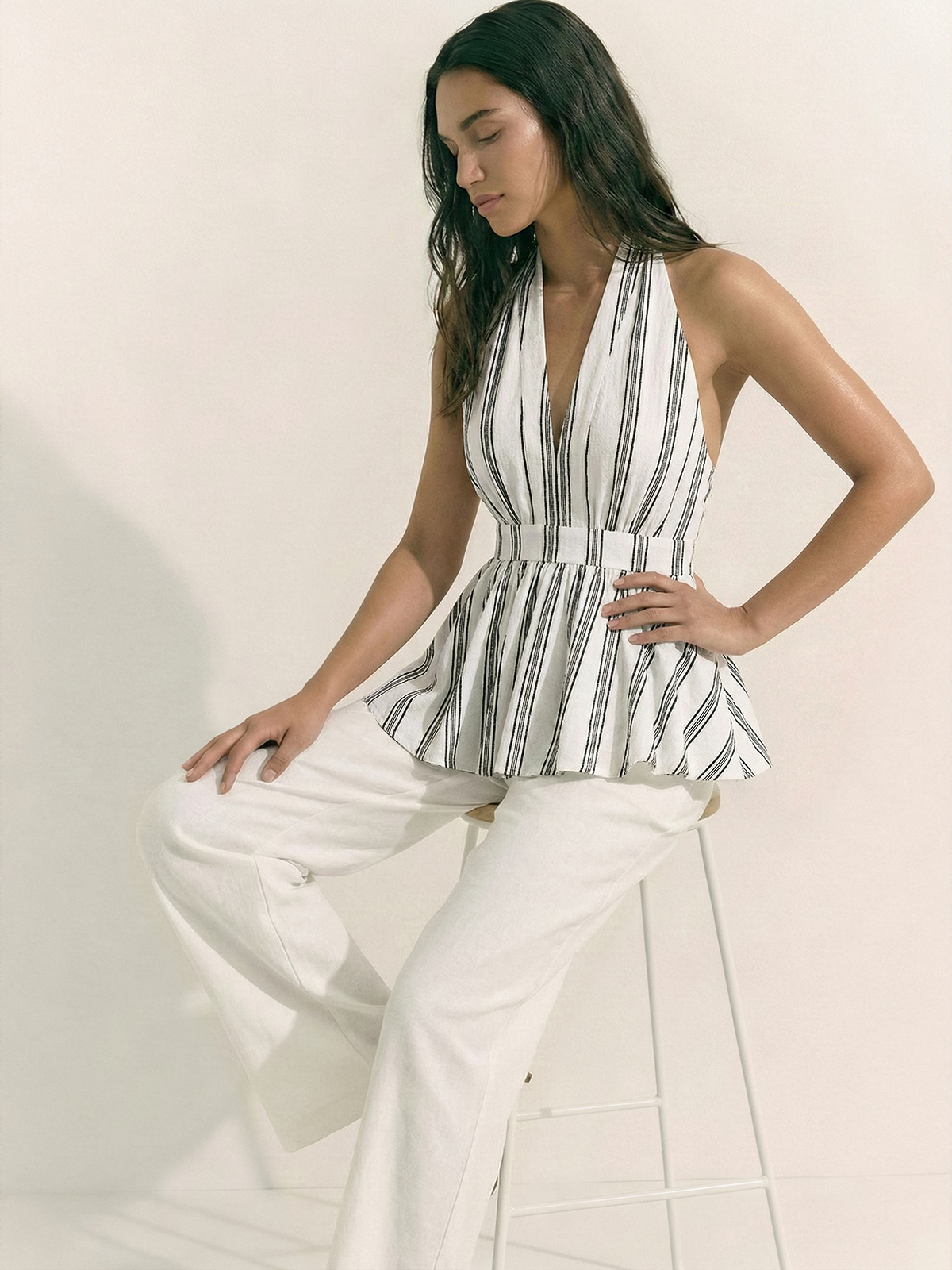 Cotton Striped Halter Peplum Tank Top for Women, Casual Summer Wear