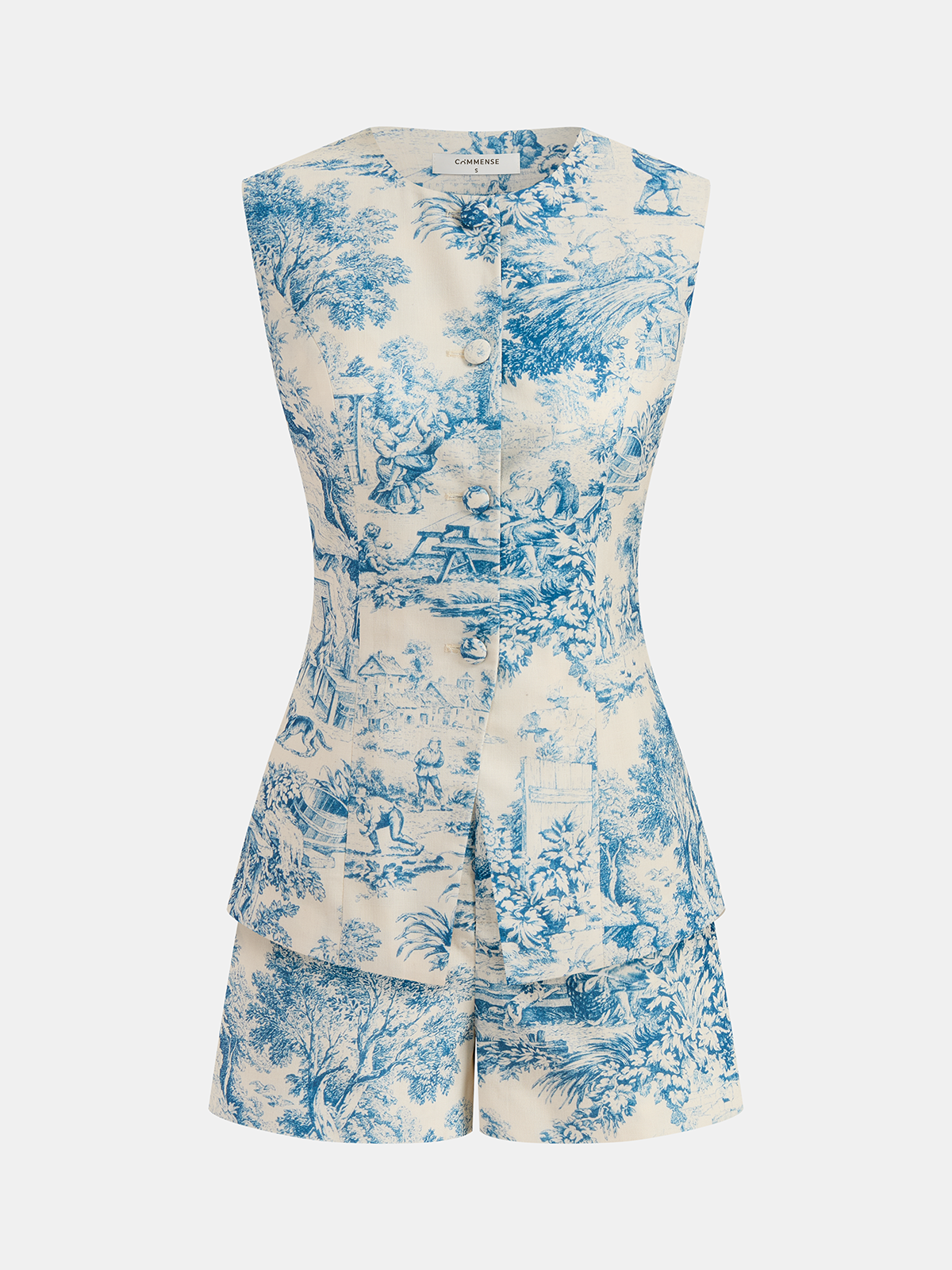 Toile Print Sleeveless Vest & Shorts Set for Women Summer Casual