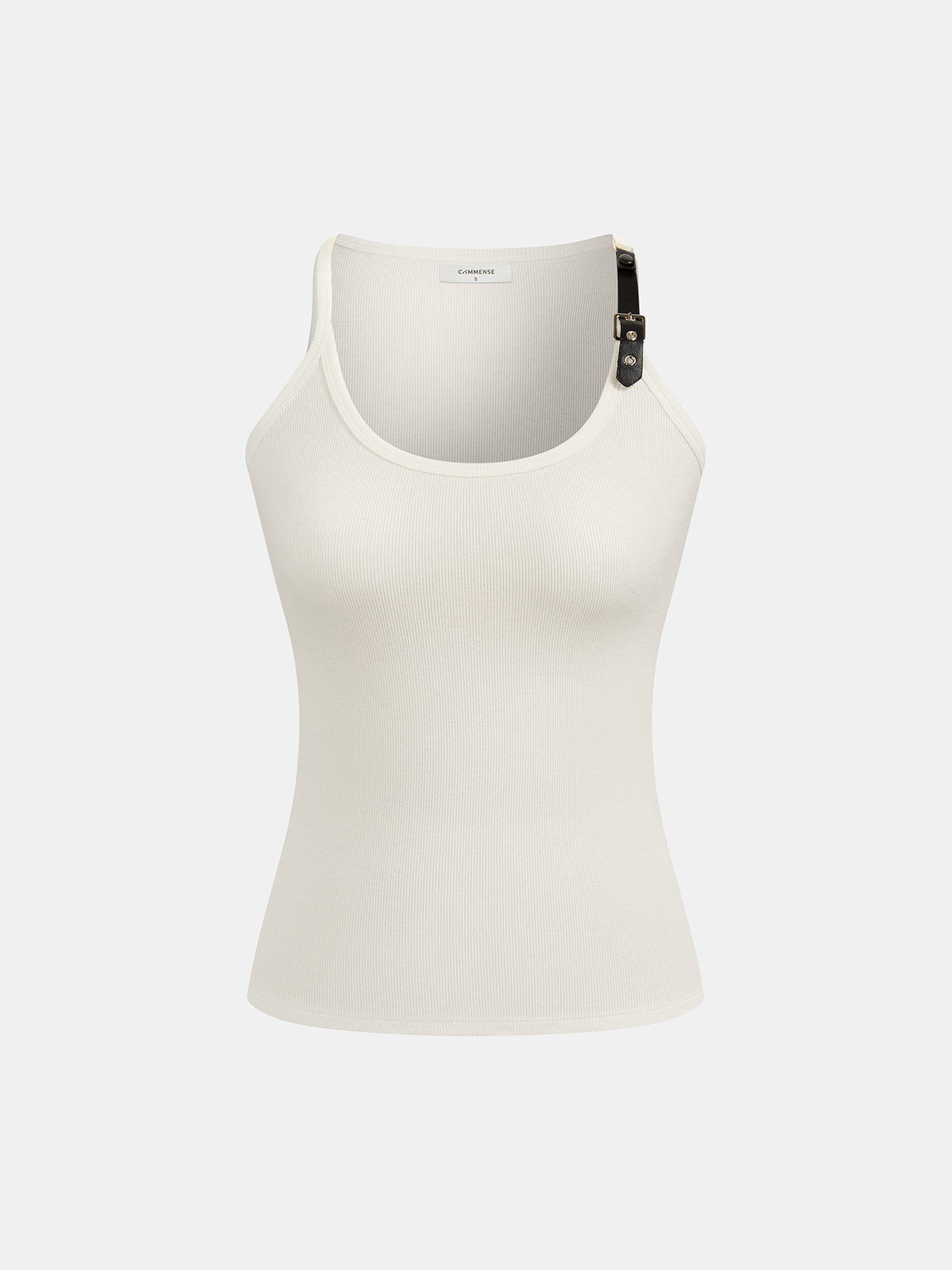 Ribbed Stretchy Faux Leather Buckle Vintage Tank Top with Adjustable Straps