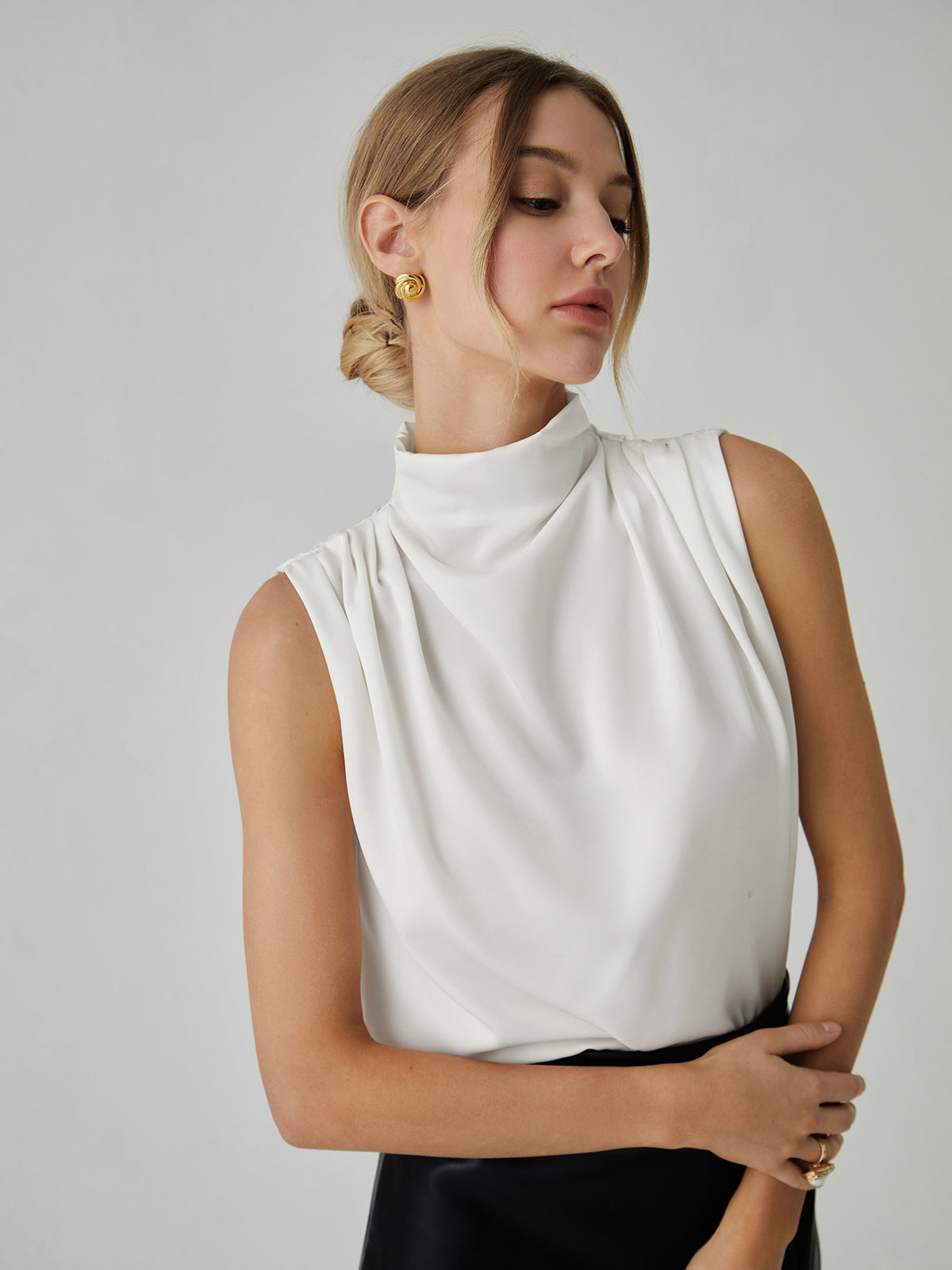 Pleated High Neck Sleeveless Blouse for Women Casual Wear