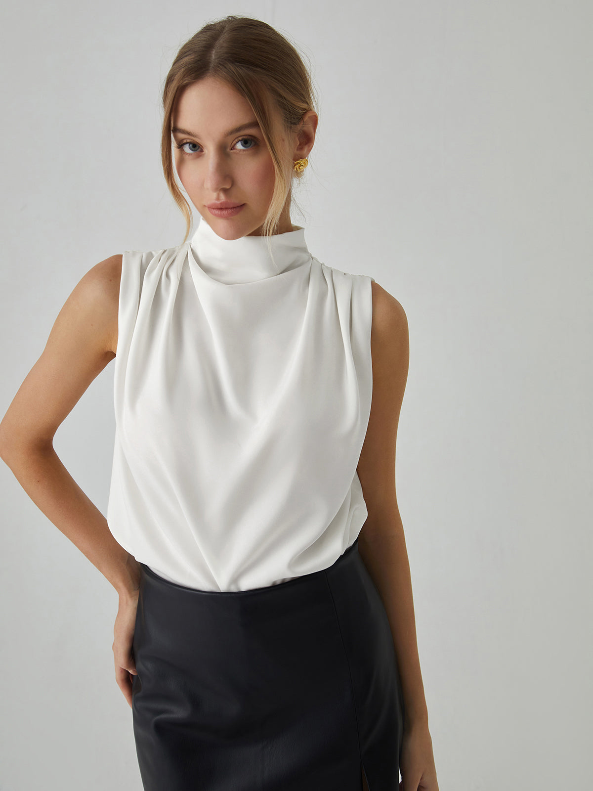 Pleated High Neck Sleeveless Blouse for Women Casual Wear