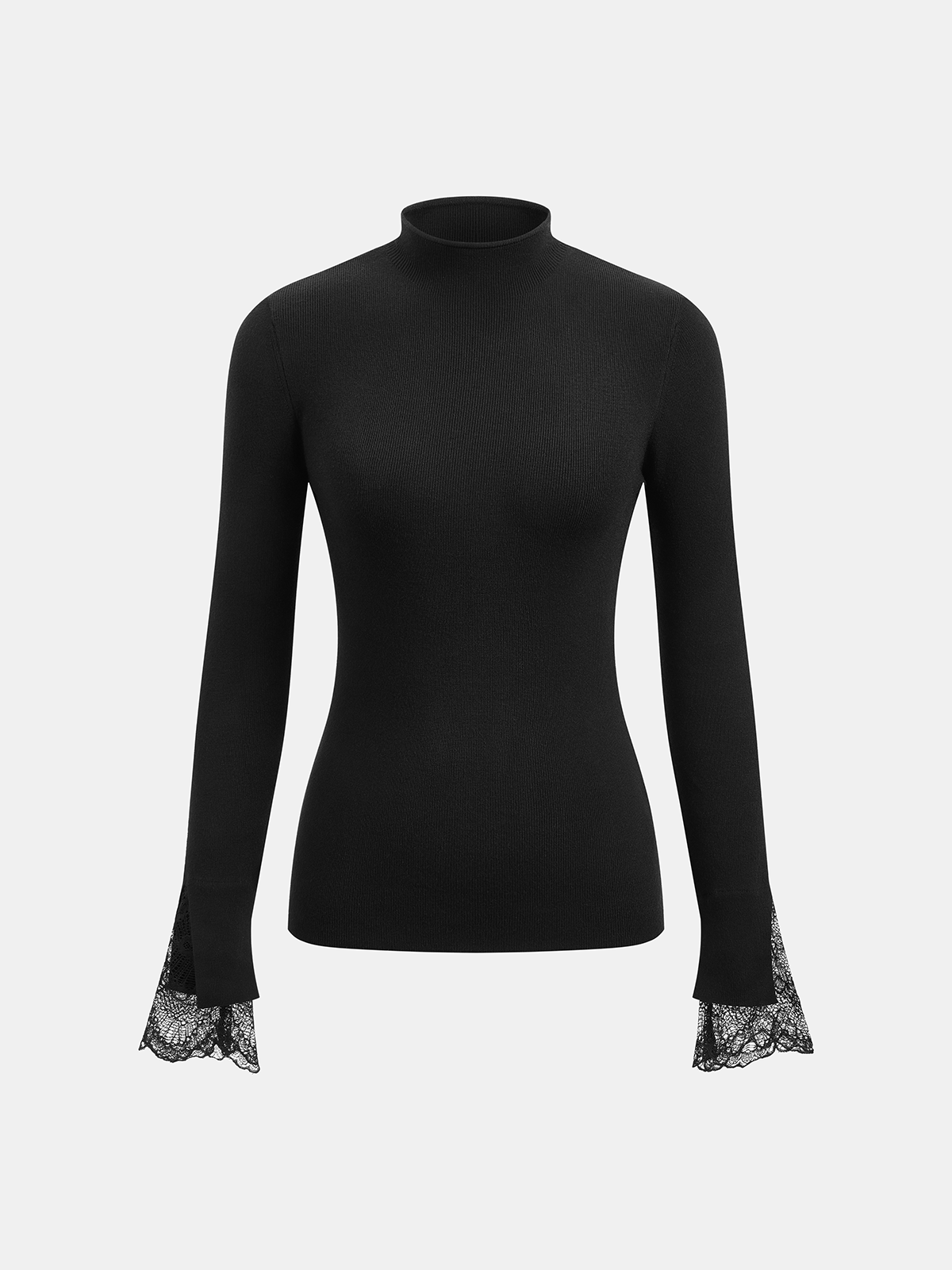 Mock Neck Lace Cuff Knit Top Cozy Long Sleeve Pullover