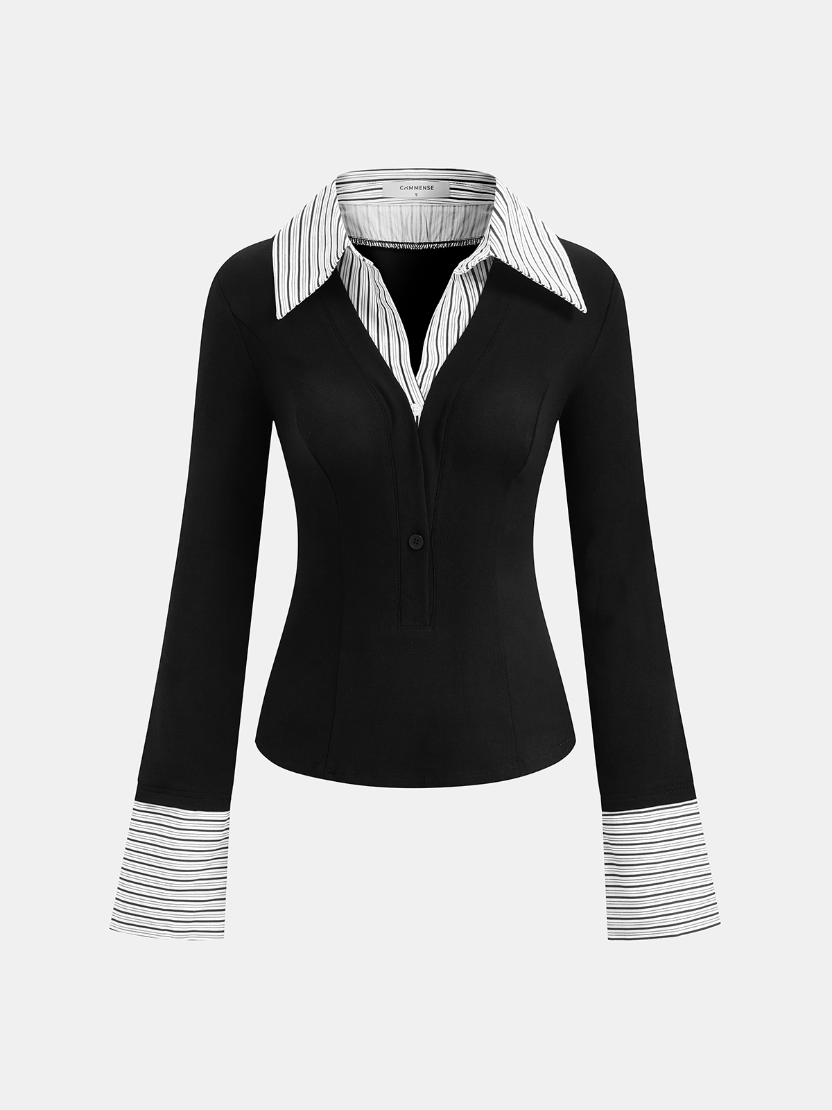 Mock Two-Piece Long-Sleeve Two Tone Polo Top for Casual Wear