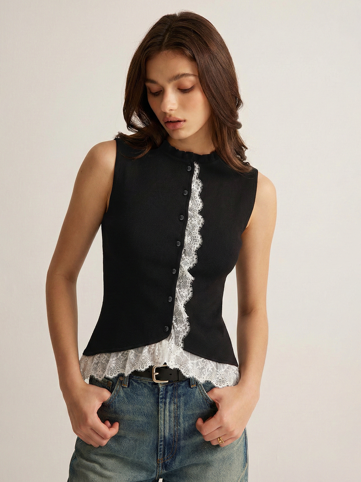 Lace Trim Button Front Knit Vest - Trendy Sleeveless Top for Women